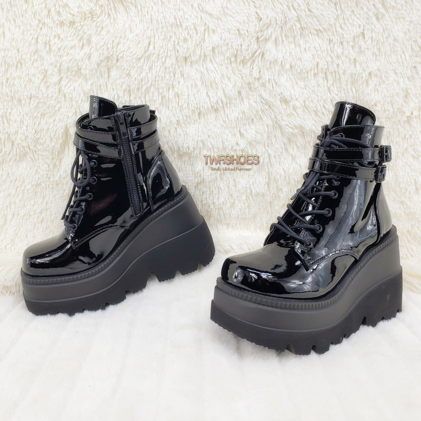 Demonia Cult DEMONIA Shaker 52 Black Patent Platform 4.5" Wedge Heel Ankl Size US 10 / IT 40 - 8 Thumbnail