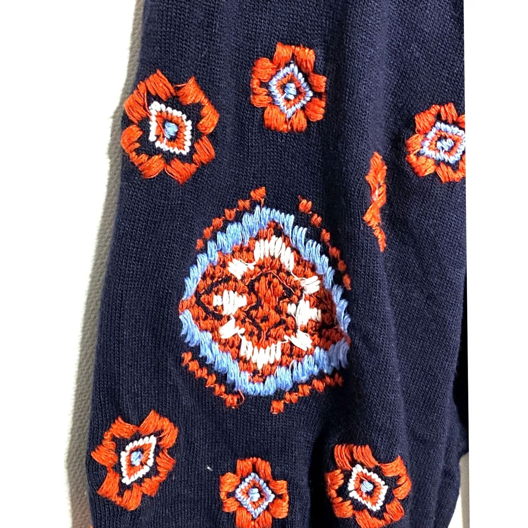 Loft Loft Off Shoulder Embroidered Navy Dress S Tassel Boho Peasant Cinched Tie Waist Dress Women S Navy Geometric Embroidery Bohemian 90s Inspired Size S / US 4 / IT 40 - 4 Thumbnail