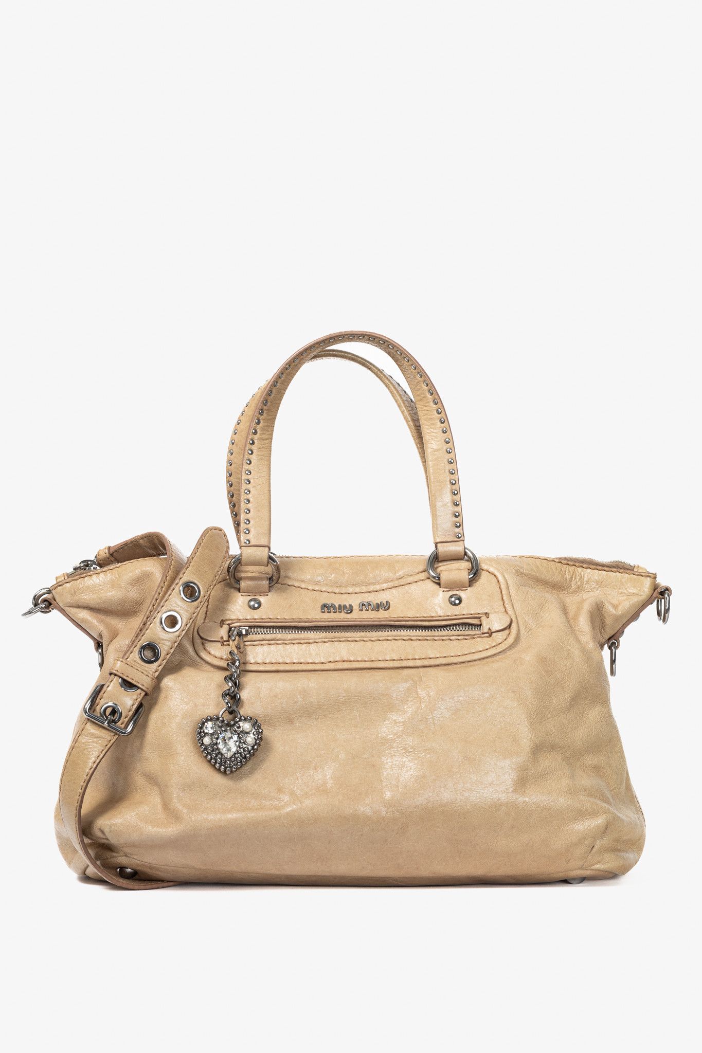 Miu Miu Miu Miu Beige Vitello Heart-Charm 2-Way Handbag Size ONE SIZE - 1 Thumbnail