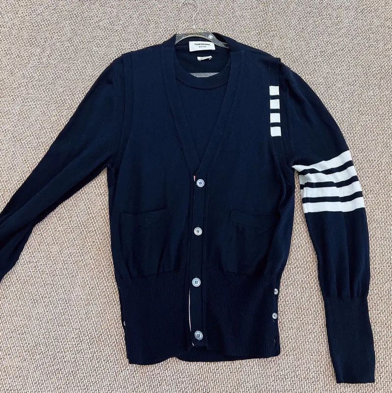 Thom Browne Thom Browne Navy Wool Cardigan for Men 0089 Size US L / EU 52-54 / 3 - 1 Thumbnail