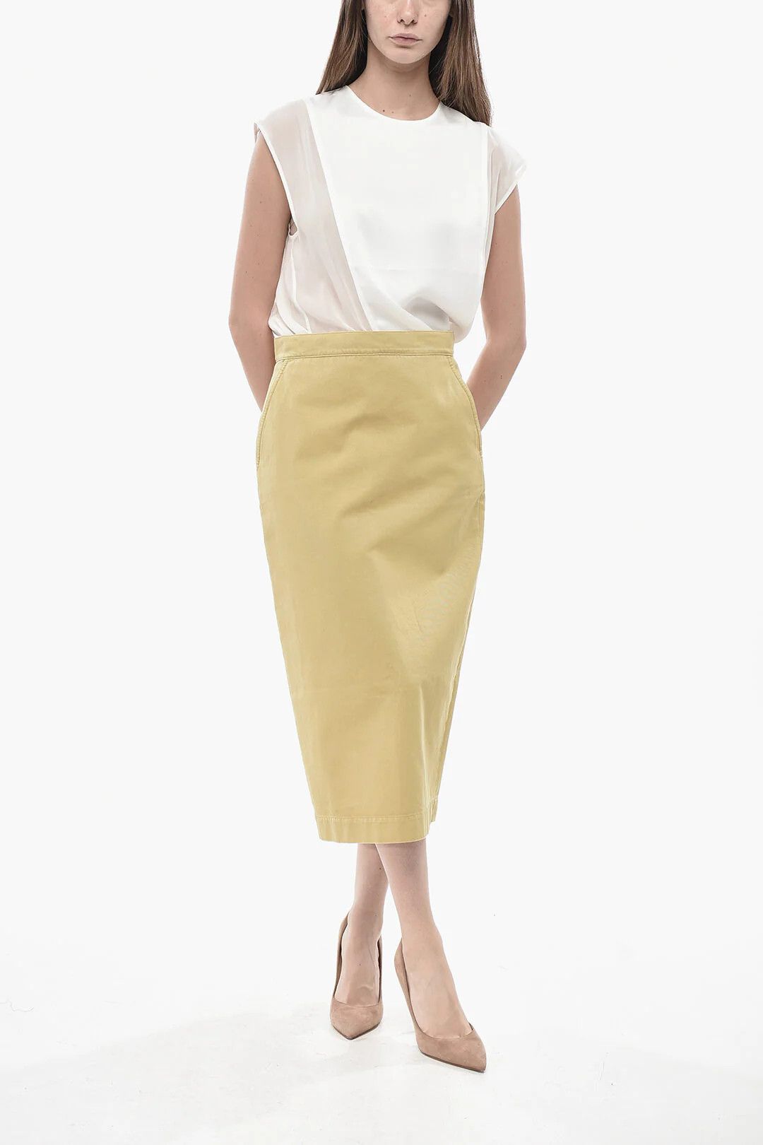 Max Mara og1mm0426 Cotton Pencil Skirt in Yellow Size 27" / US 4 / IT 40 - 4 Thumbnail