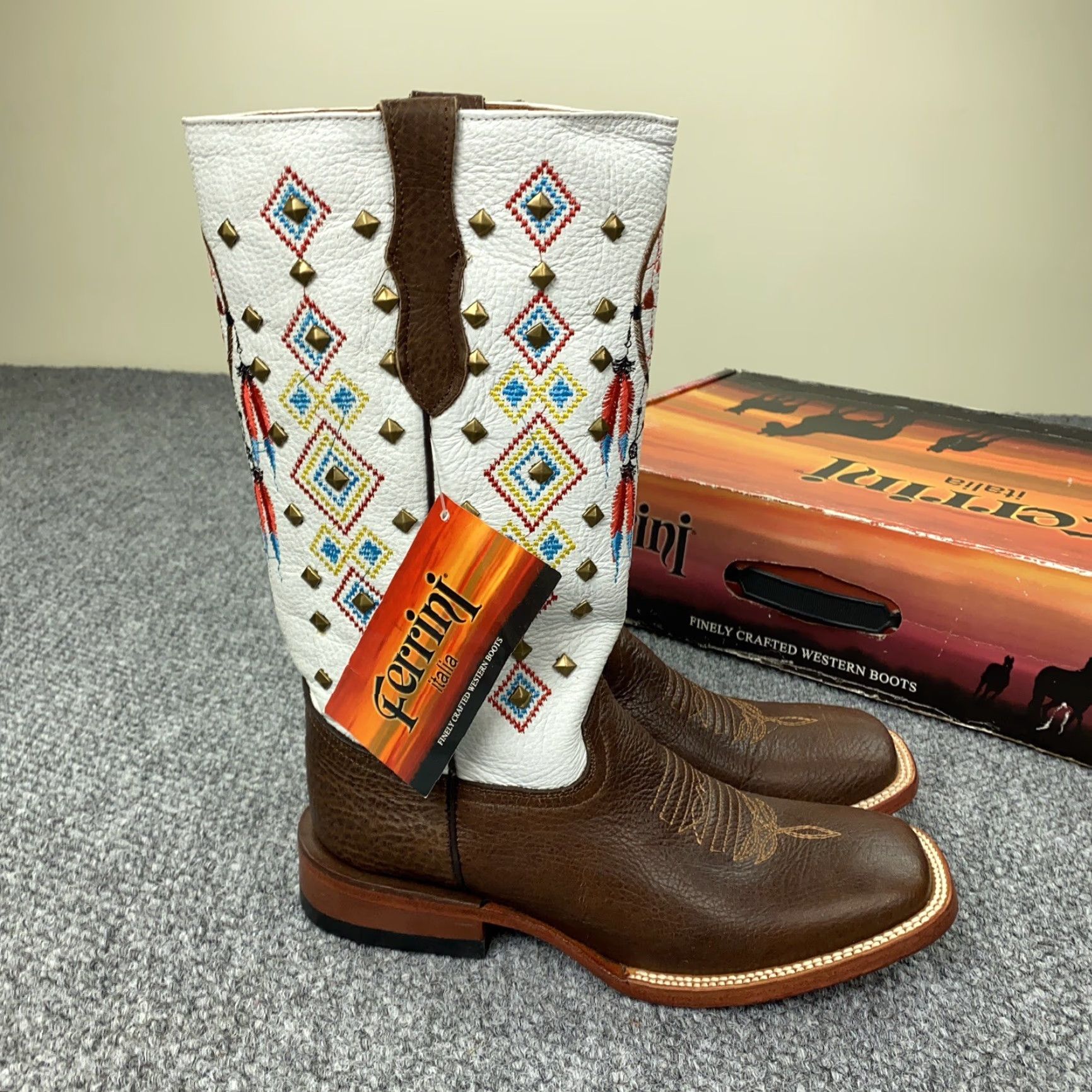 Vintage VINTAGE Ferrini Western Boots Womens Size 8.5 Leather Cowgirl Square Toe Studded Southwestern Brown and White 90s Size US 8.5 / IT 38.5 - 6 Thumbnail