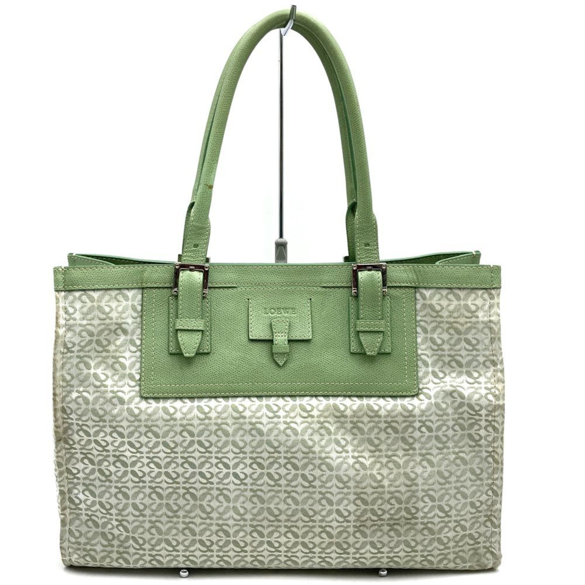 Loewe Tote Bag Handbag Anagram Green Canvas Leather Women's