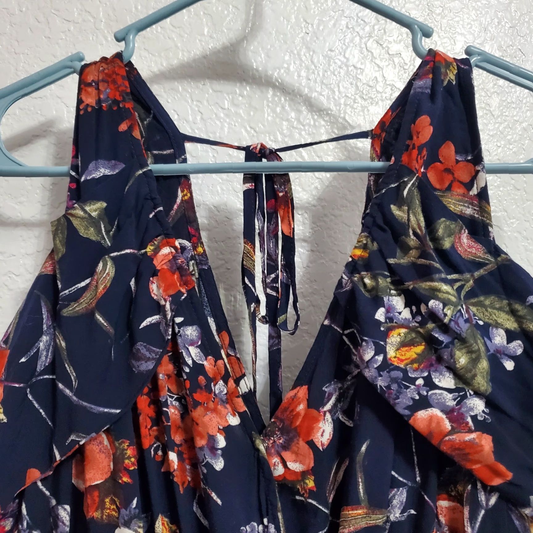 Vintage VINTAGE Entro Dress Women M Blue Floral Faux Wrap Cold Shoulder Elastic Waist Lined Boho Size M / US 6-8 / IT 42-44 - 5 Thumbnail