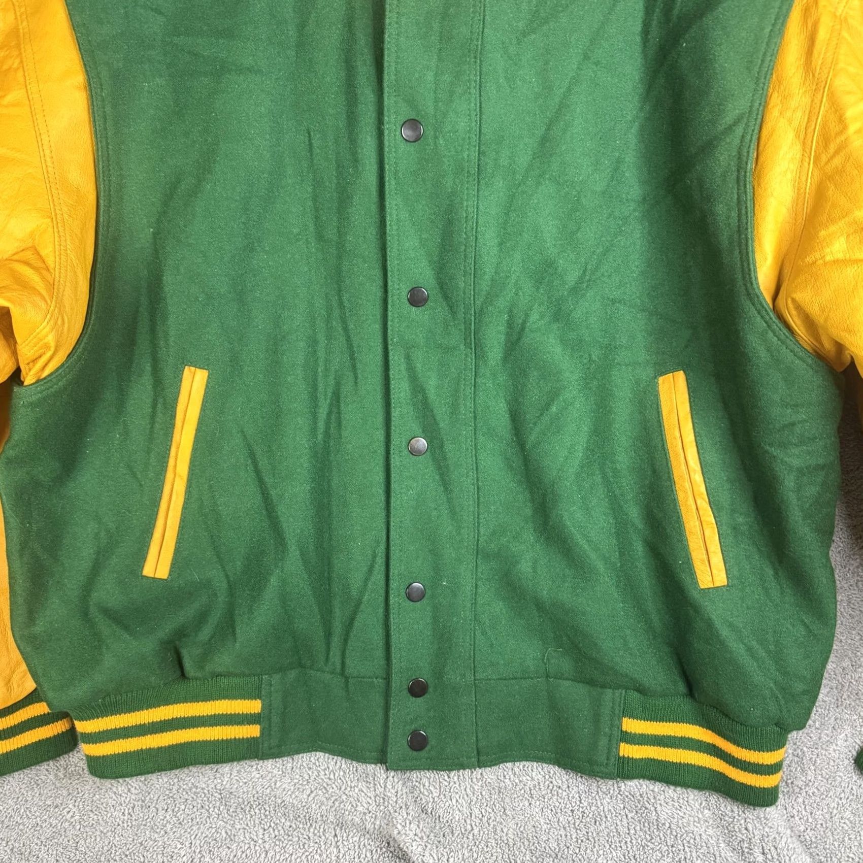 Vintage J.R. Stone Jacket Mens 2XL Green Yellow Wool Varsity Snap Lined Sports College Jacket Size US XXL / EU 58 / 5 - 6 Thumbnail