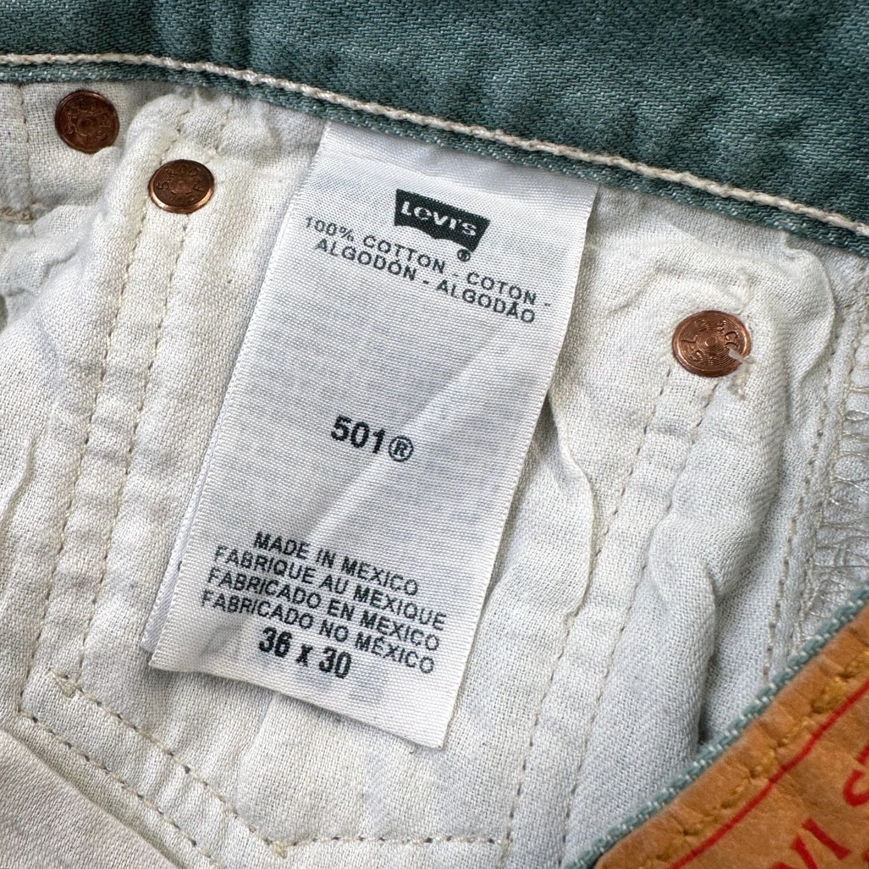 Levi's Levi's 501 Jeans Mens 34x28 Green Denim Pants Button Fly Straight 5-Pocket Regular Waist 34 Inseam 28 Mid Rise Vintage 90s Theme Mens Size US 34 / EU 50 - 7 Thumbnail