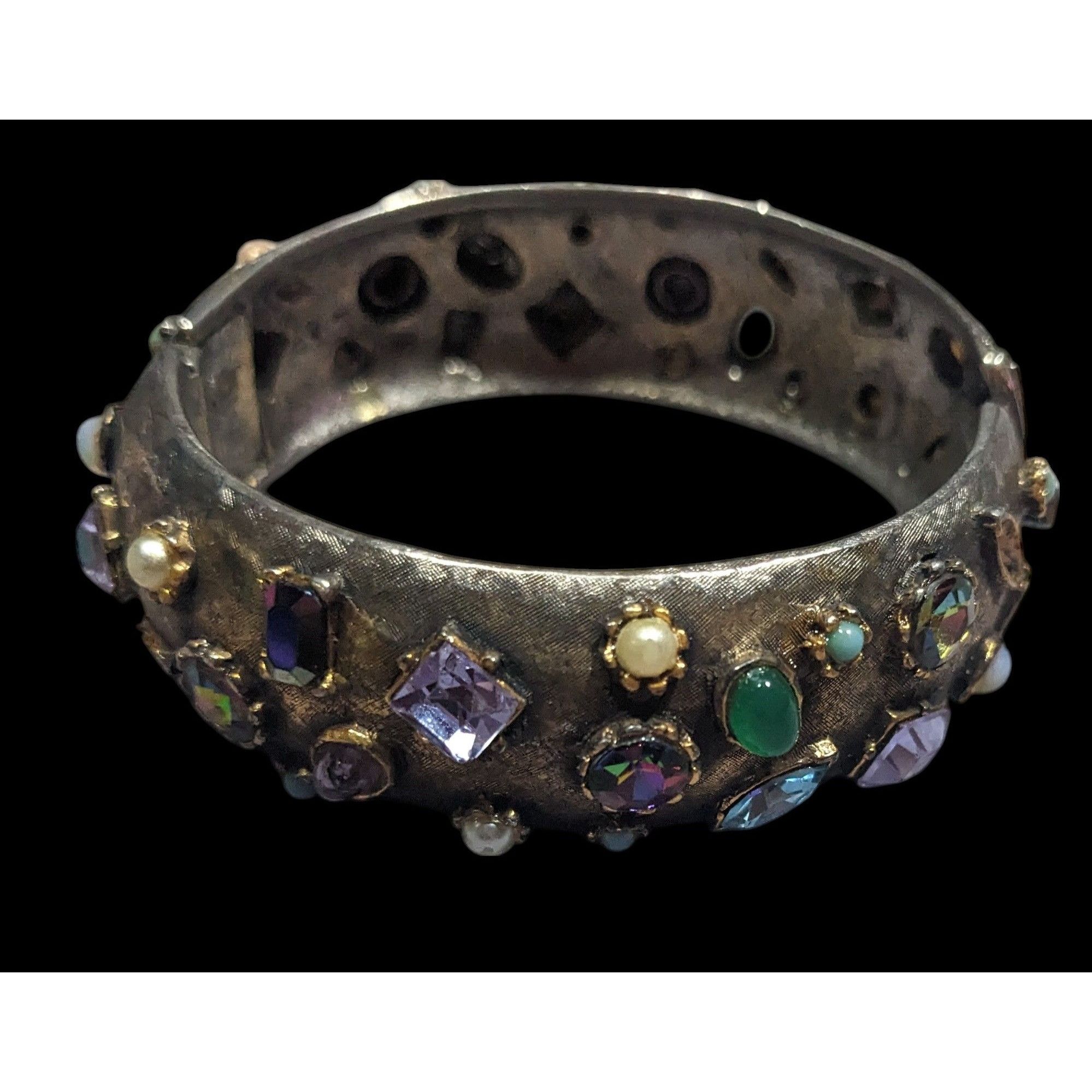 Other Vintage Brutalist Glam Multi Gemmed Gold Tone Hinge Bracelet Size ONE SIZE - 4 Thumbnail