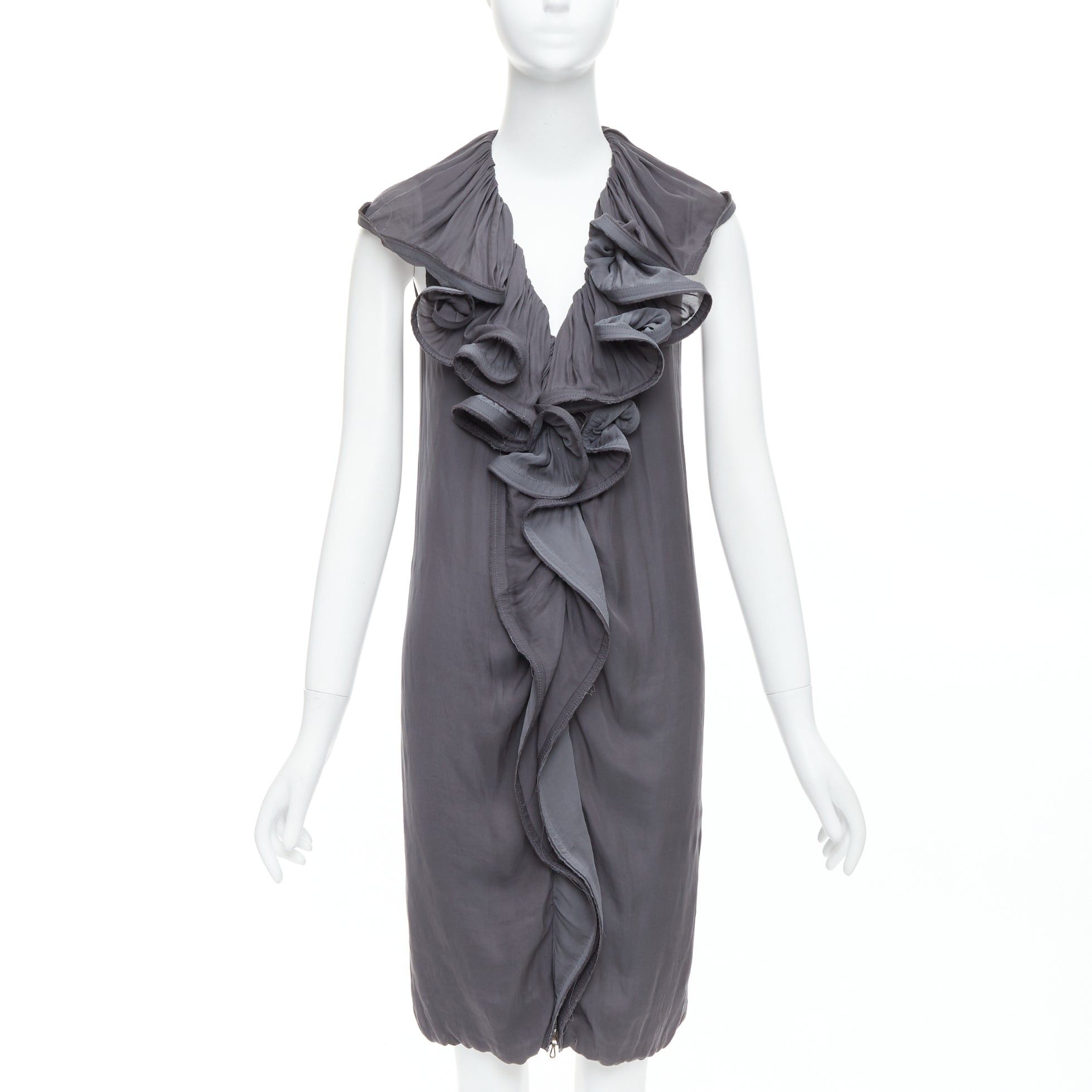 Lanvin LANVIN 2008 grey silky trimmed ruffle collar V neck knee dress FR34 XS Size XS / US 0-2 / IT 36-38 - 1 Thumbnail