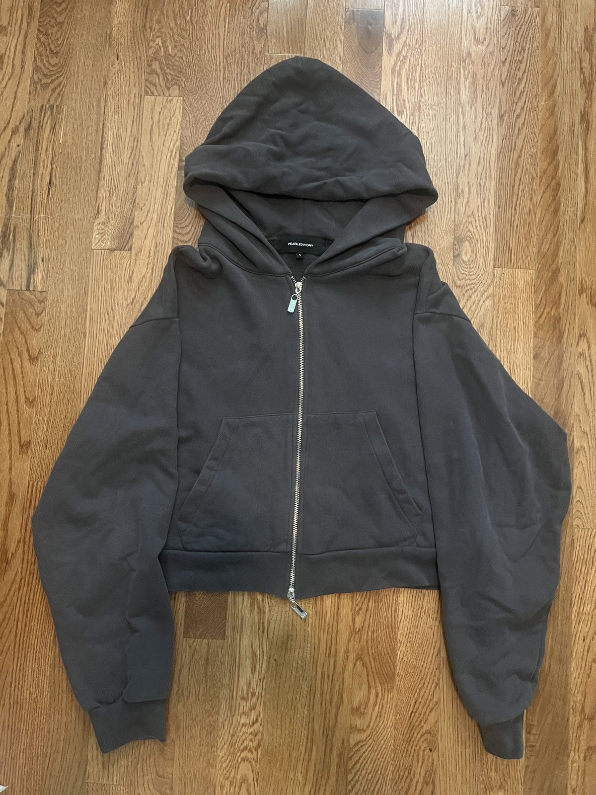 Pearled Ivory Washed Cropped Zip Hoodie - Charcoal