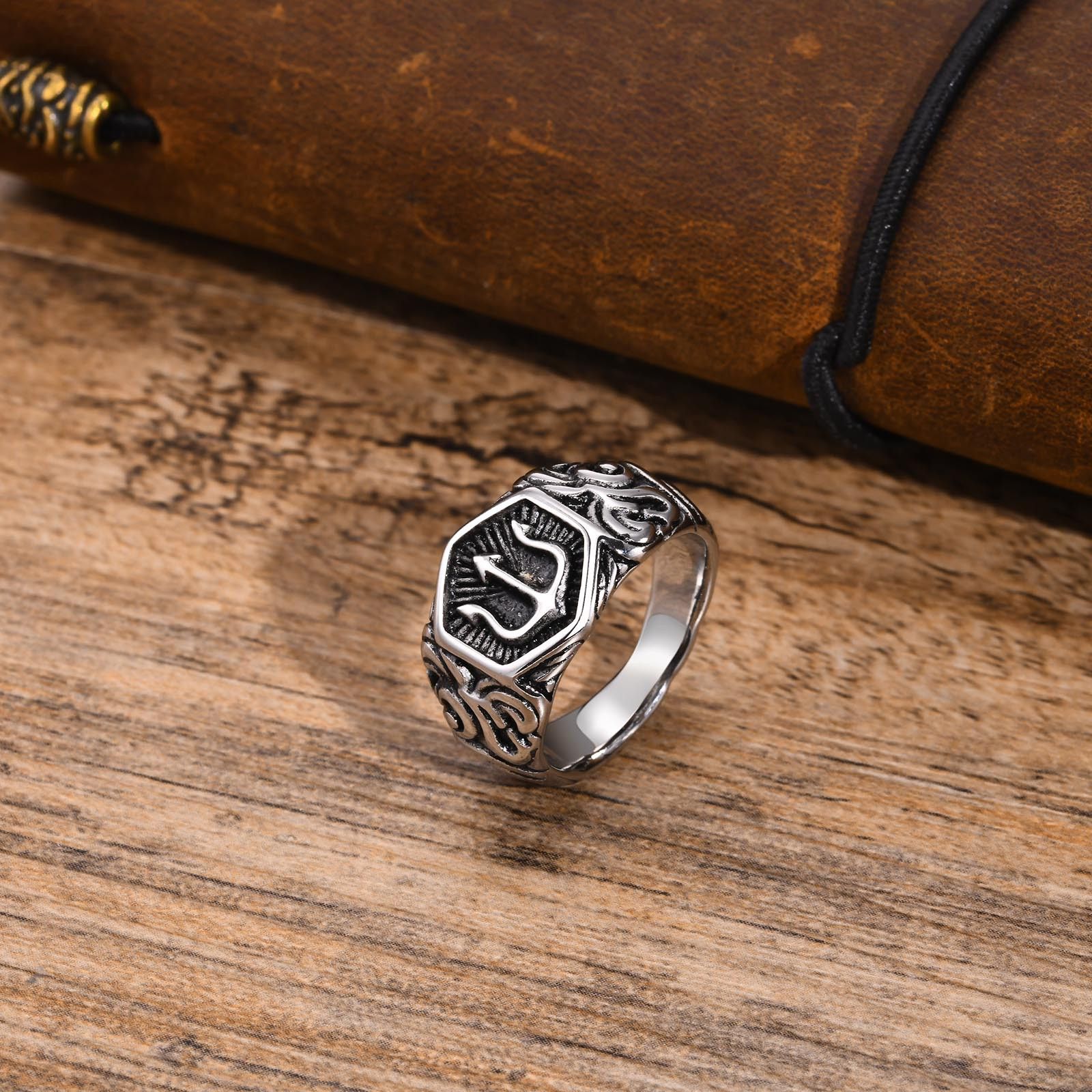Jewelry × Vintage SIZE 10 Poseidon Trident Ancient Greek Steel Amulet Ring Size ONE SIZE - 1 Thumbnail