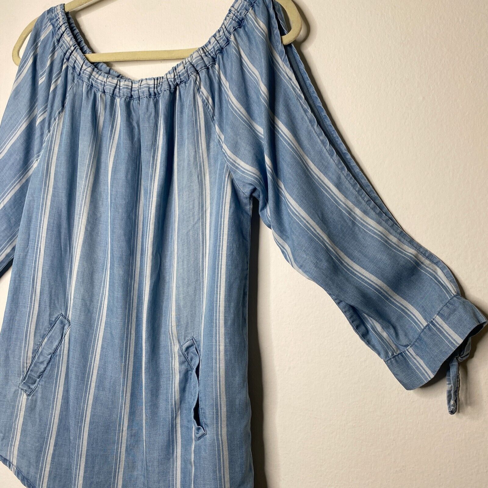 Other Billy T Blue White Stripe Linen Off Shoulder Tie-Sleeve Top Size XS / US 0-2 / IT 36-38 - 4 Thumbnail