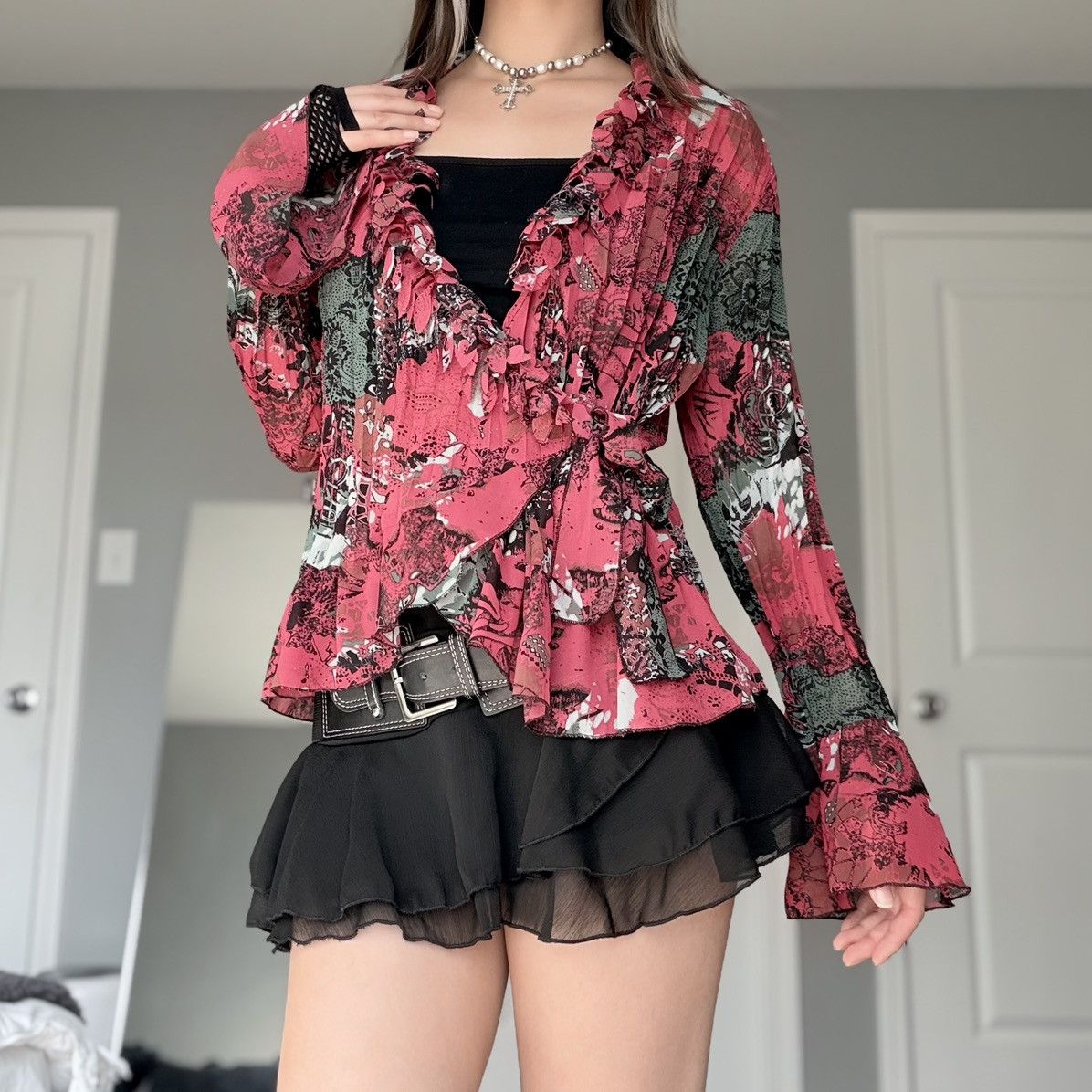 Other Studio 1940 Kimono Tied Wrap Blouse Raspberry Floral Graphic Size M / US 6-8 / IT 42-44 - 6 Thumbnail