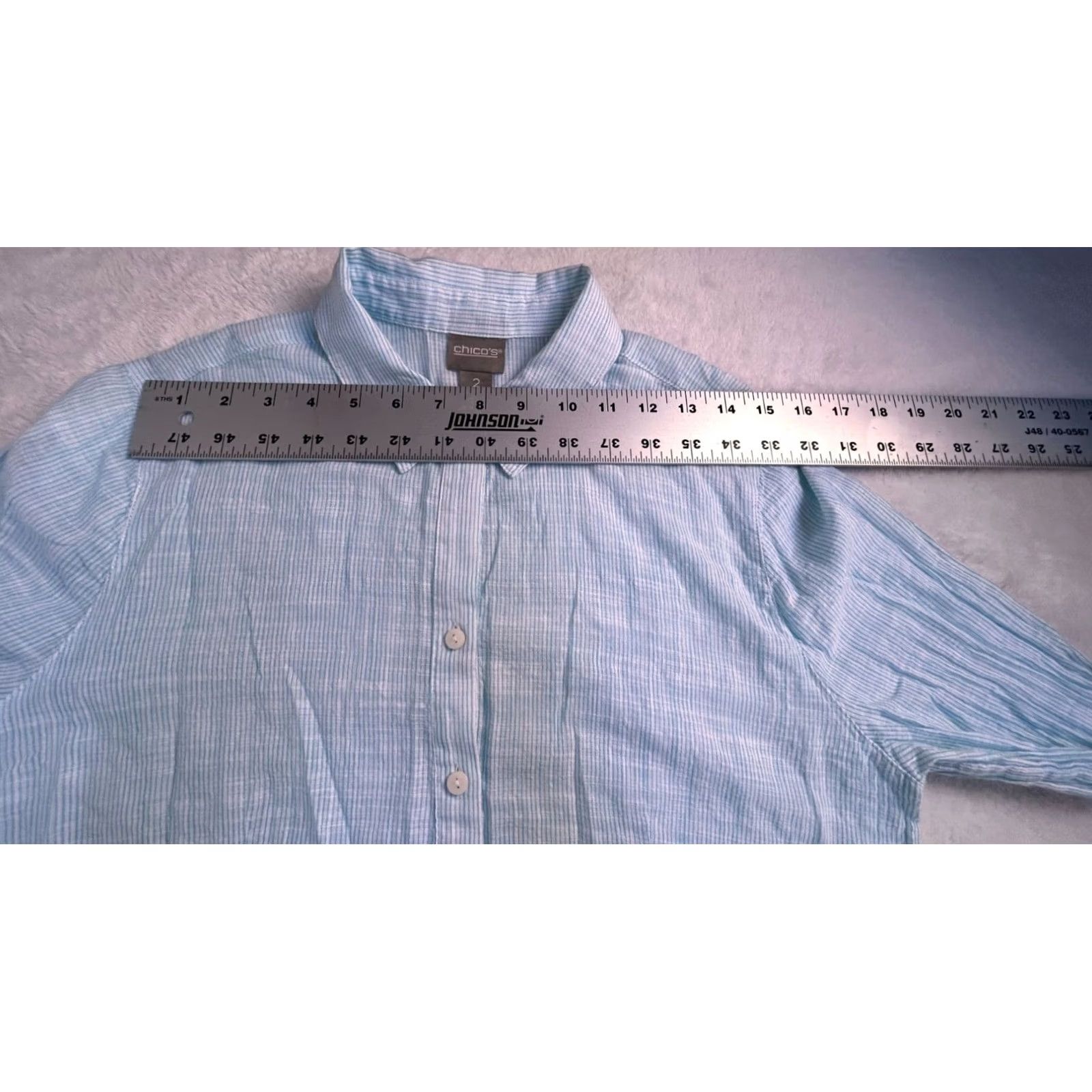 Vintage Chico's Blue Striped Button-Up Ruffle Tunic Top Shirt Size 2 Cotton Long Sleeve Womens Tunic Shirt Size XS / US 0-2 / IT 36-38 - 7 Thumbnail