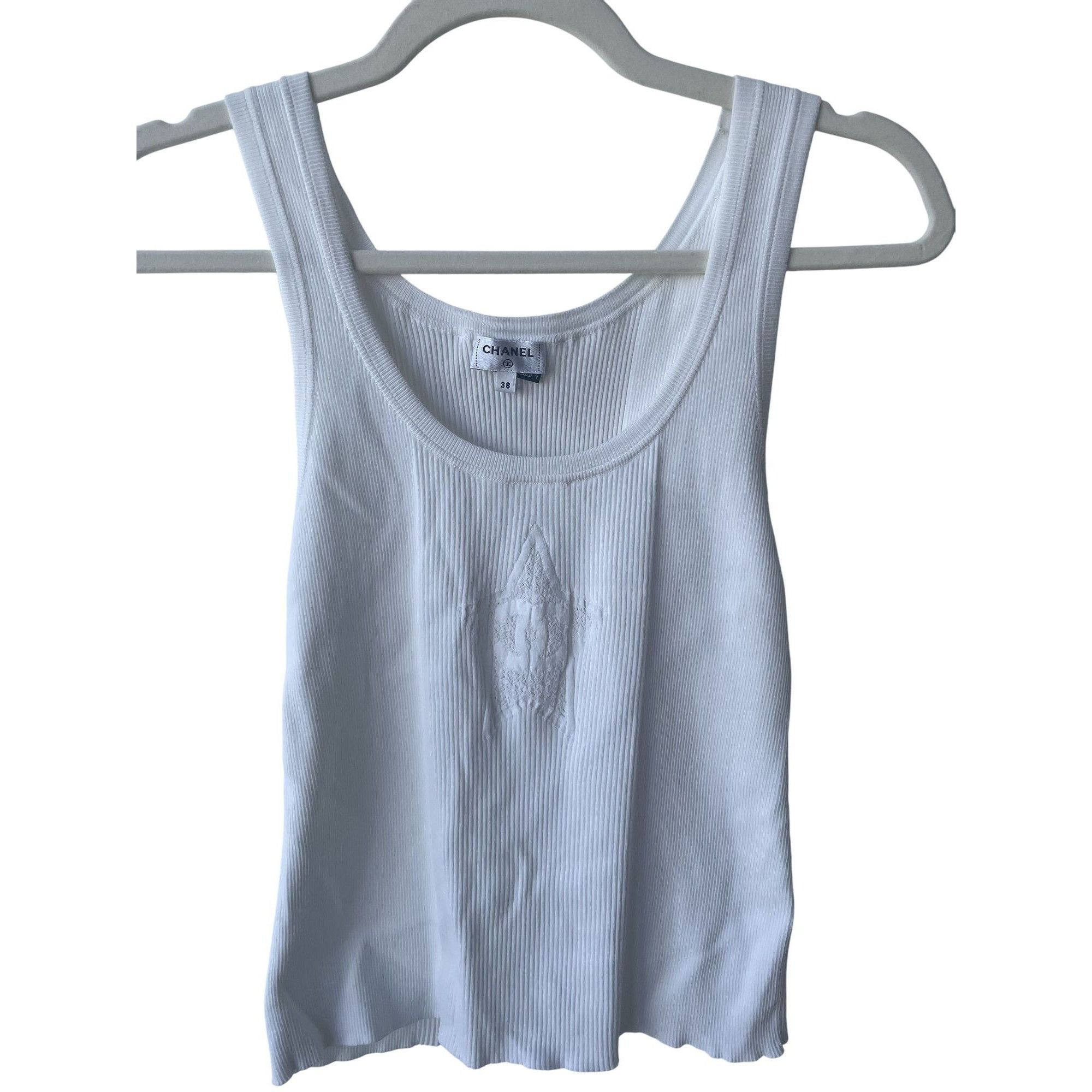 Chanel White Ribbed Tank Top With Embellished CC Logo & Star