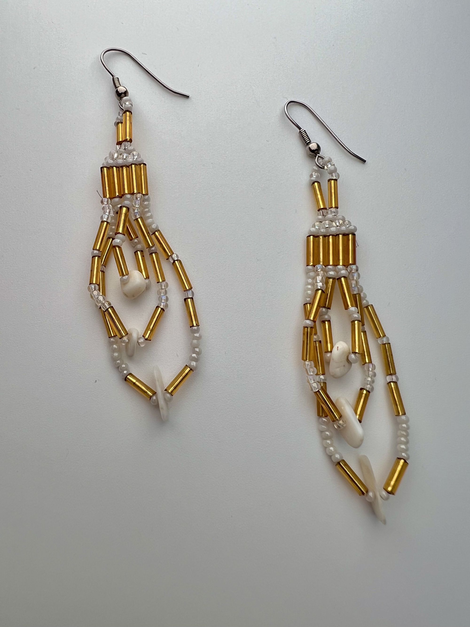 Designer Handmade Gold & White Beaded Dangle Earrings Pierced Ears Size ONE SIZE - 4 Thumbnail