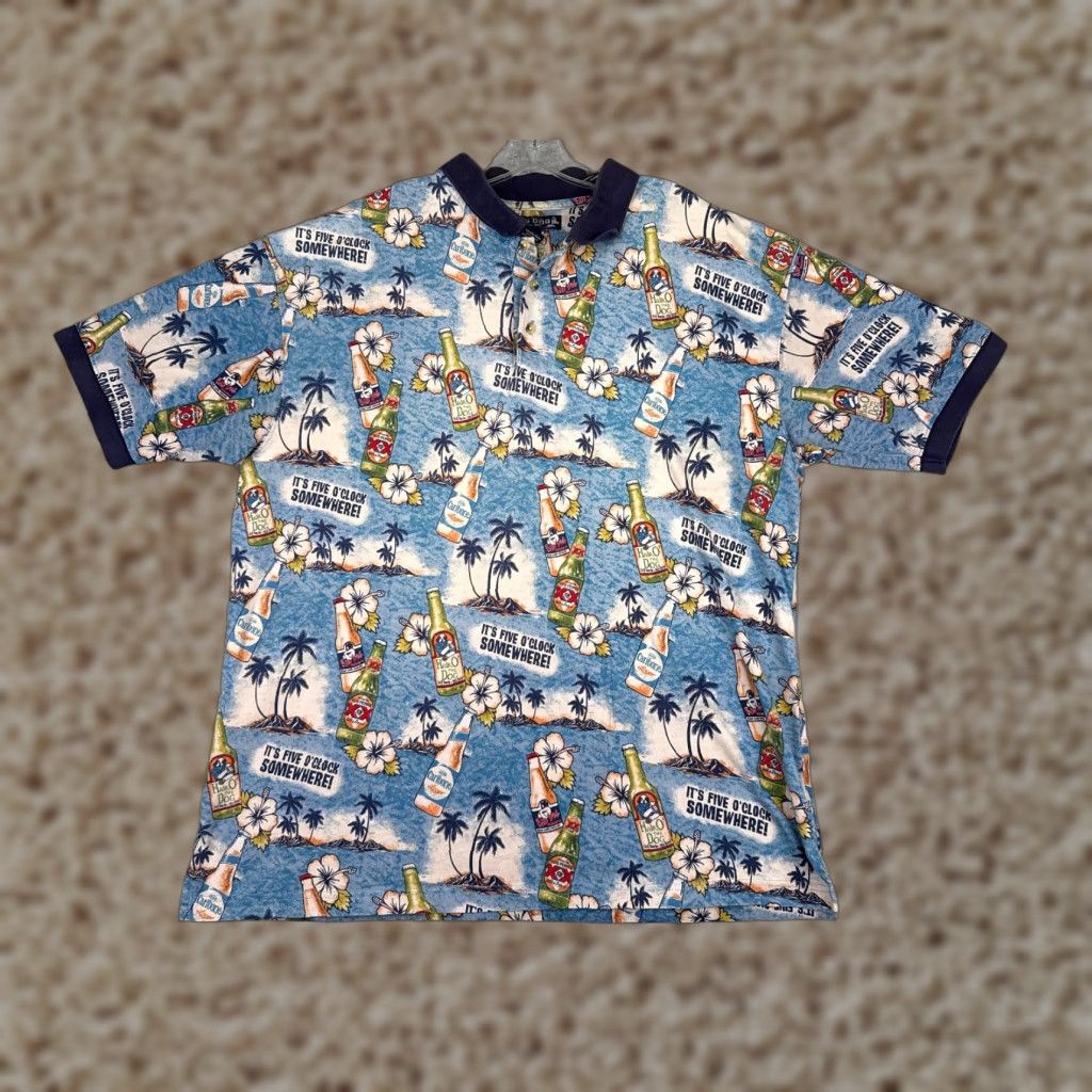 VINTAGE Big Dogs Polo Shirt Mens 2XL Blue Floral Hawaiian Aloha Flower Resort Shirt
