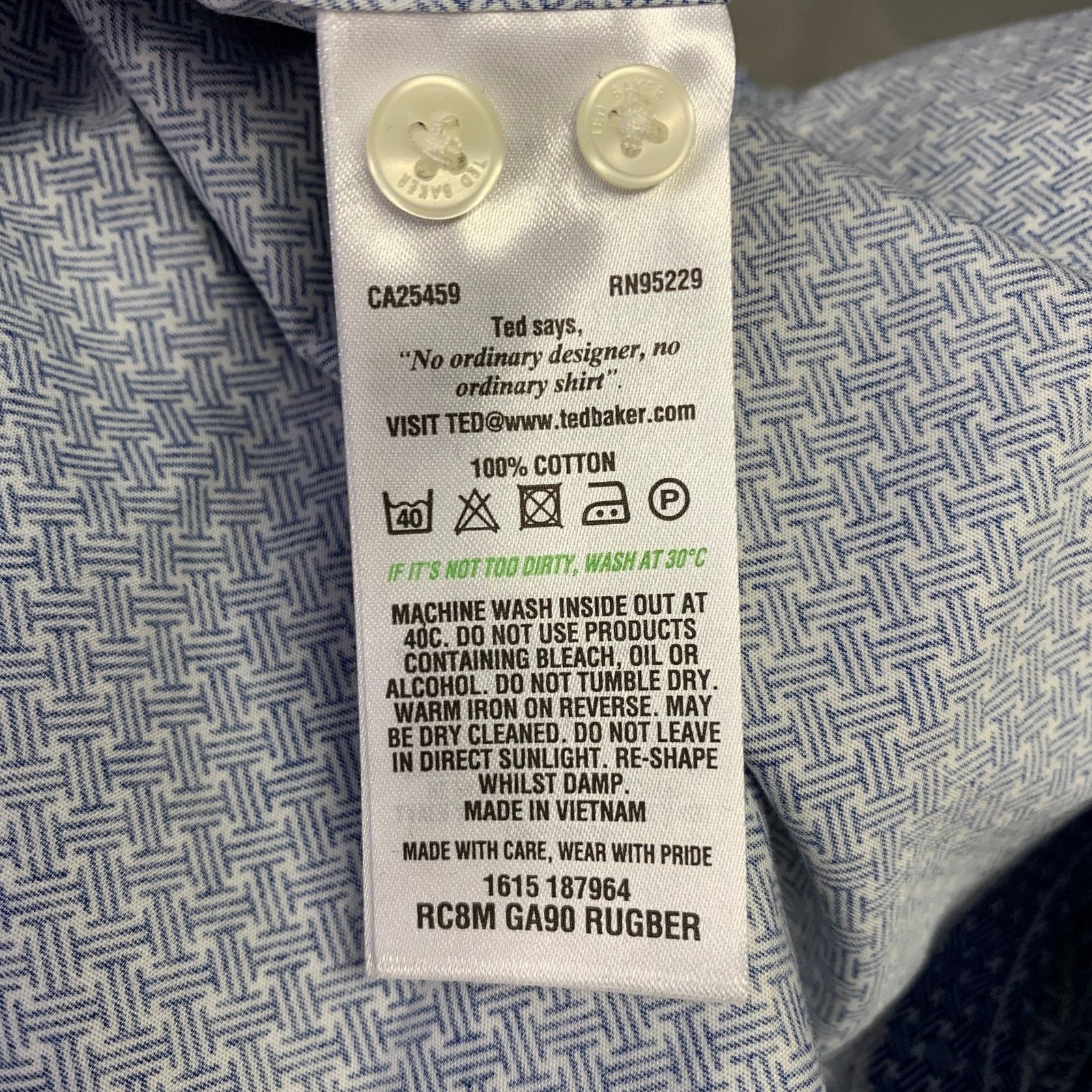 Ted Baker Blue White Woven Cotton Curved Cutaway Long Sleeve Shirt Size US S / EU 44-46 / 1 - 6 Thumbnail