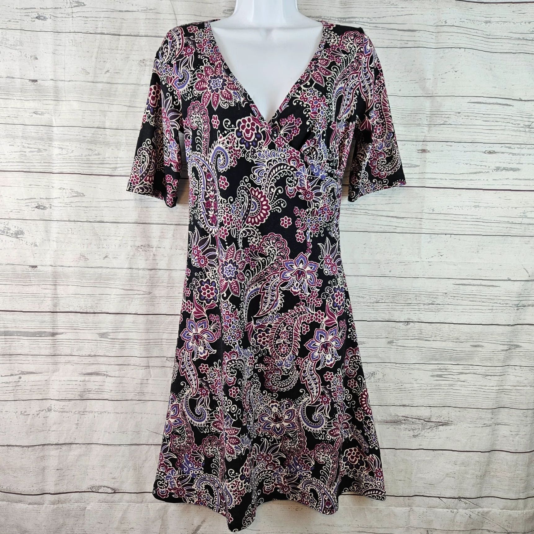 Prana prAna Dress Womens Small Purple Black Paisley Floral V-Neck Size S / US 4 / IT 40 - 2 Thumbnail