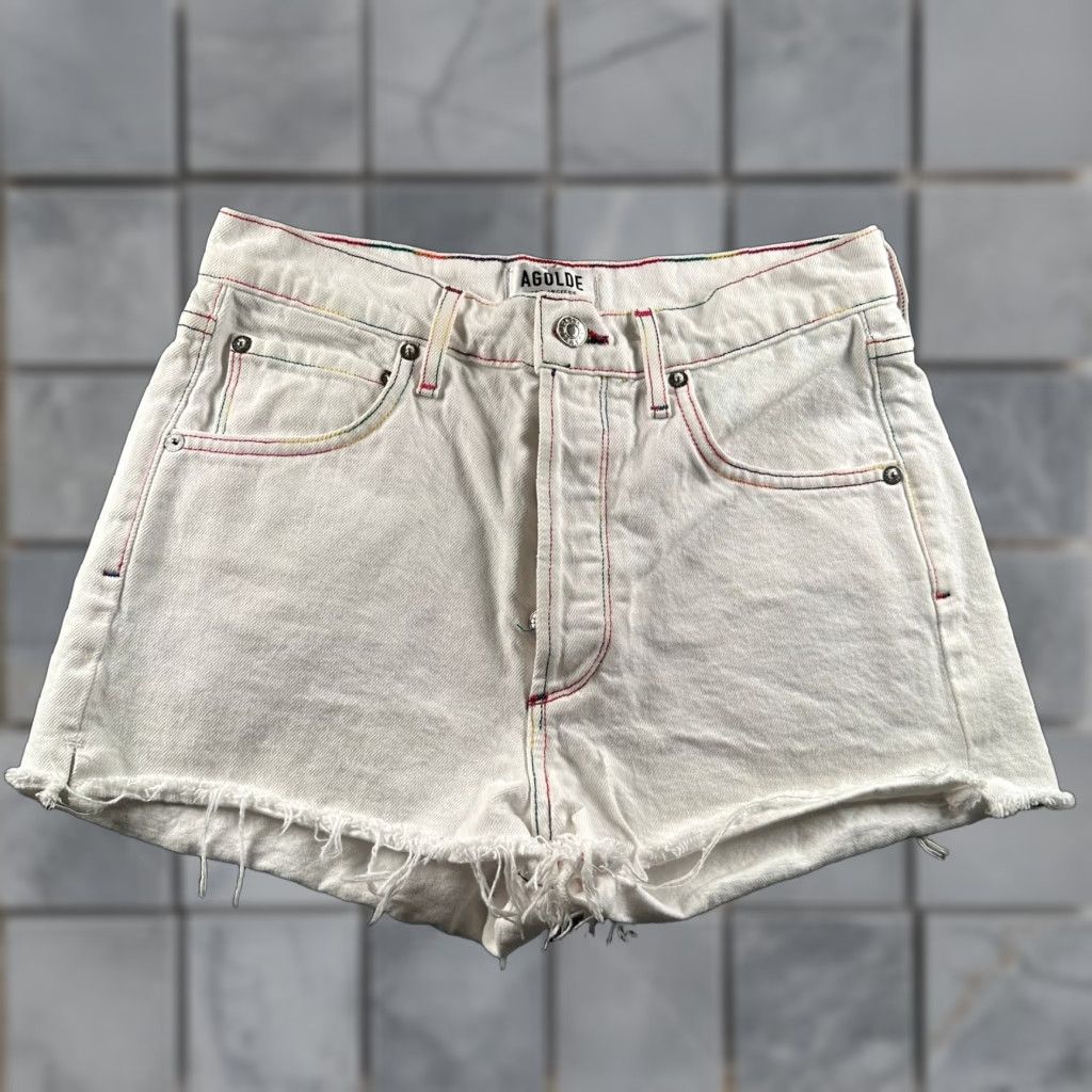 Agolde VINTAGE AGOLDE Cutoff Shorts Womens 26 White Rainbow Stitch Distressed Button Fly USA Size 26" / US 2 / IT 38 - 1 Thumbnail