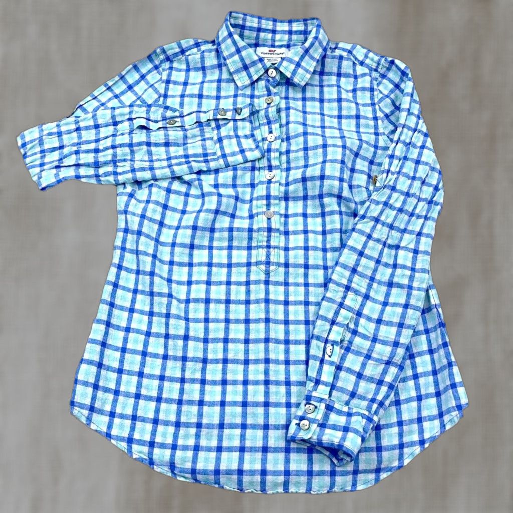 Vineyard Vines Vineyard Vines Shirt Women 2 Blue Linen Plaid Half Button Up Dress Ladies Top Size XS / US 0-2 / IT 36-38 - 1 Thumbnail