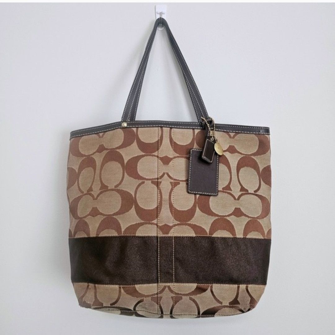 Coach Signature Monogram C Canvas Leather Trim Tote Bag in Beige, Women's