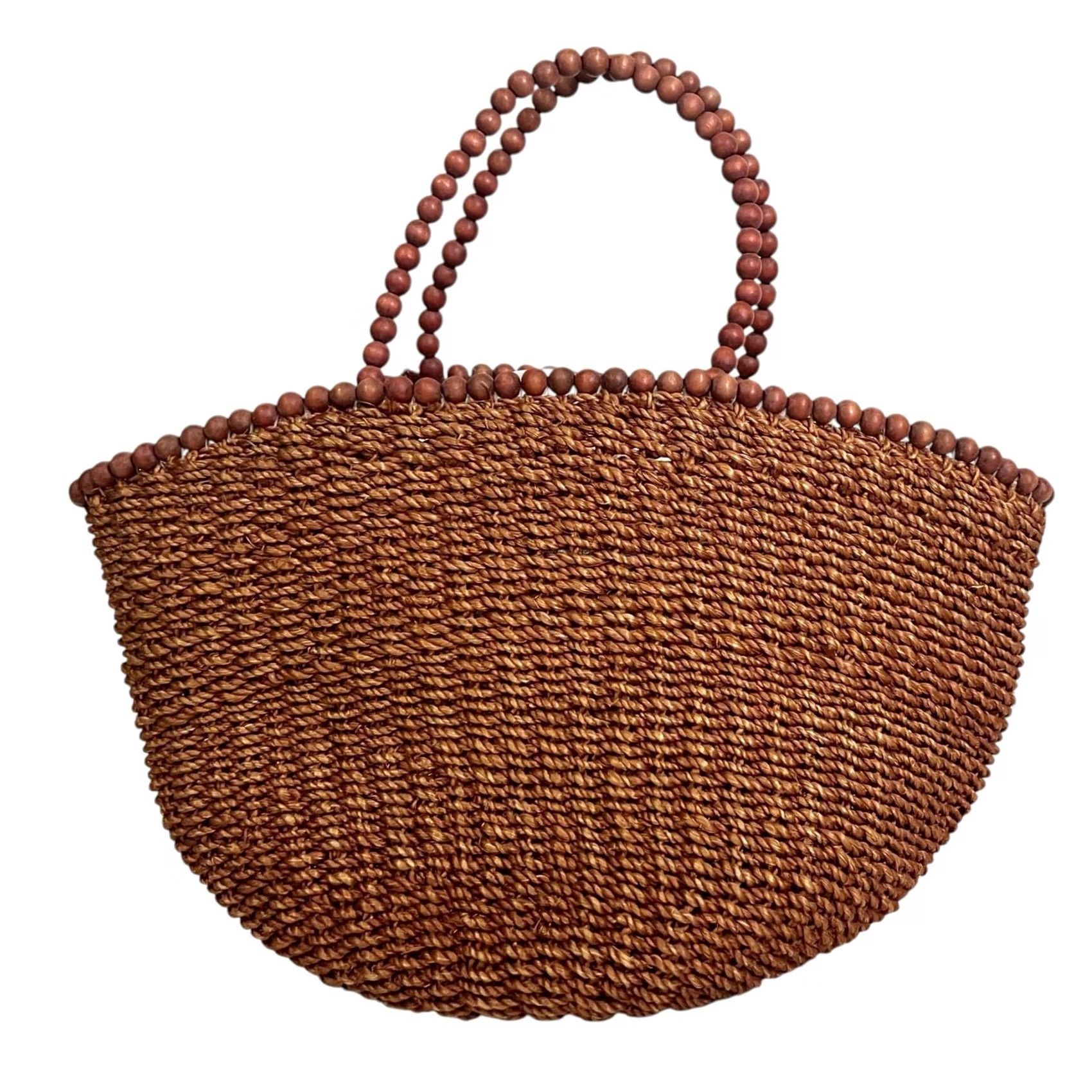 Vintage Straw Woven Tote Purse with Beaded Trim and Handle Brown Boho Summer Shopper Size ONE SIZE - 6 Thumbnail