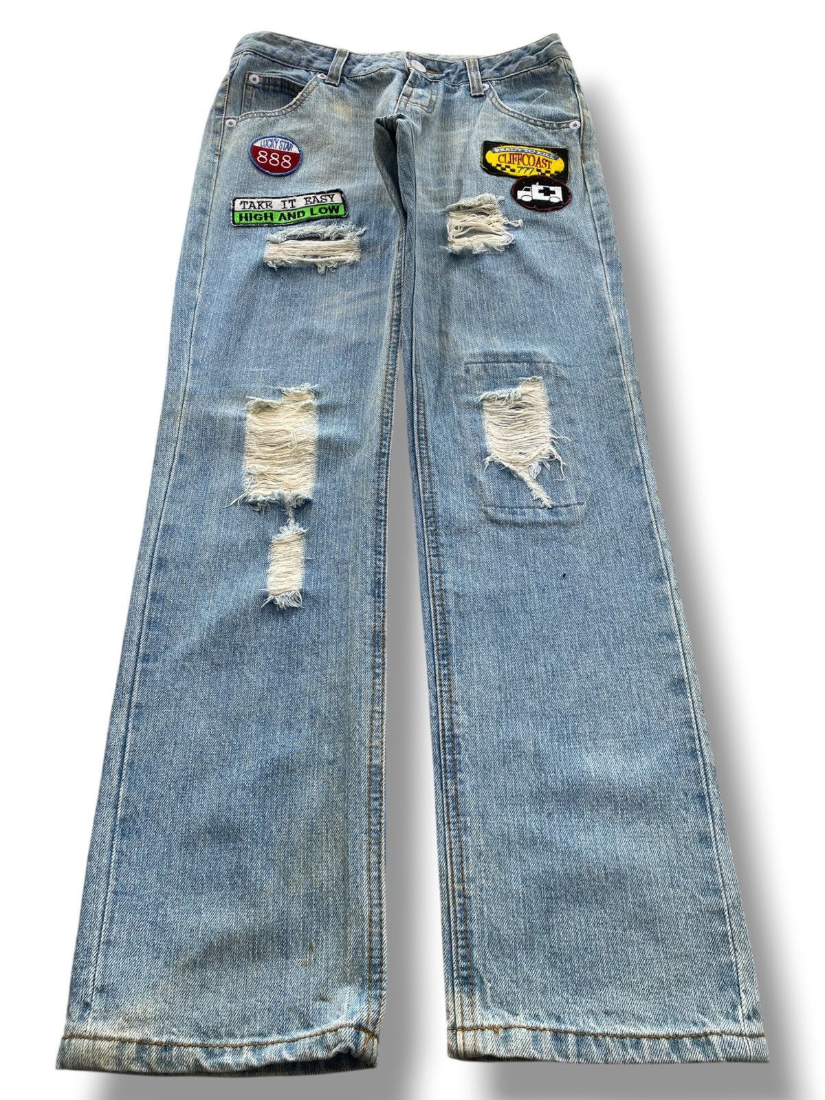 Japanese Brand Rote Rose Distressed Patch Work Style Straight Leg Jeans Size US 30 / EU 46 - 1 Thumbnail