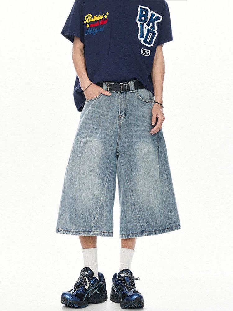 Jean American washed men's loose wide-leg patchwork denim shorts Size US 32 / EU 48 - 2 Thumbnail