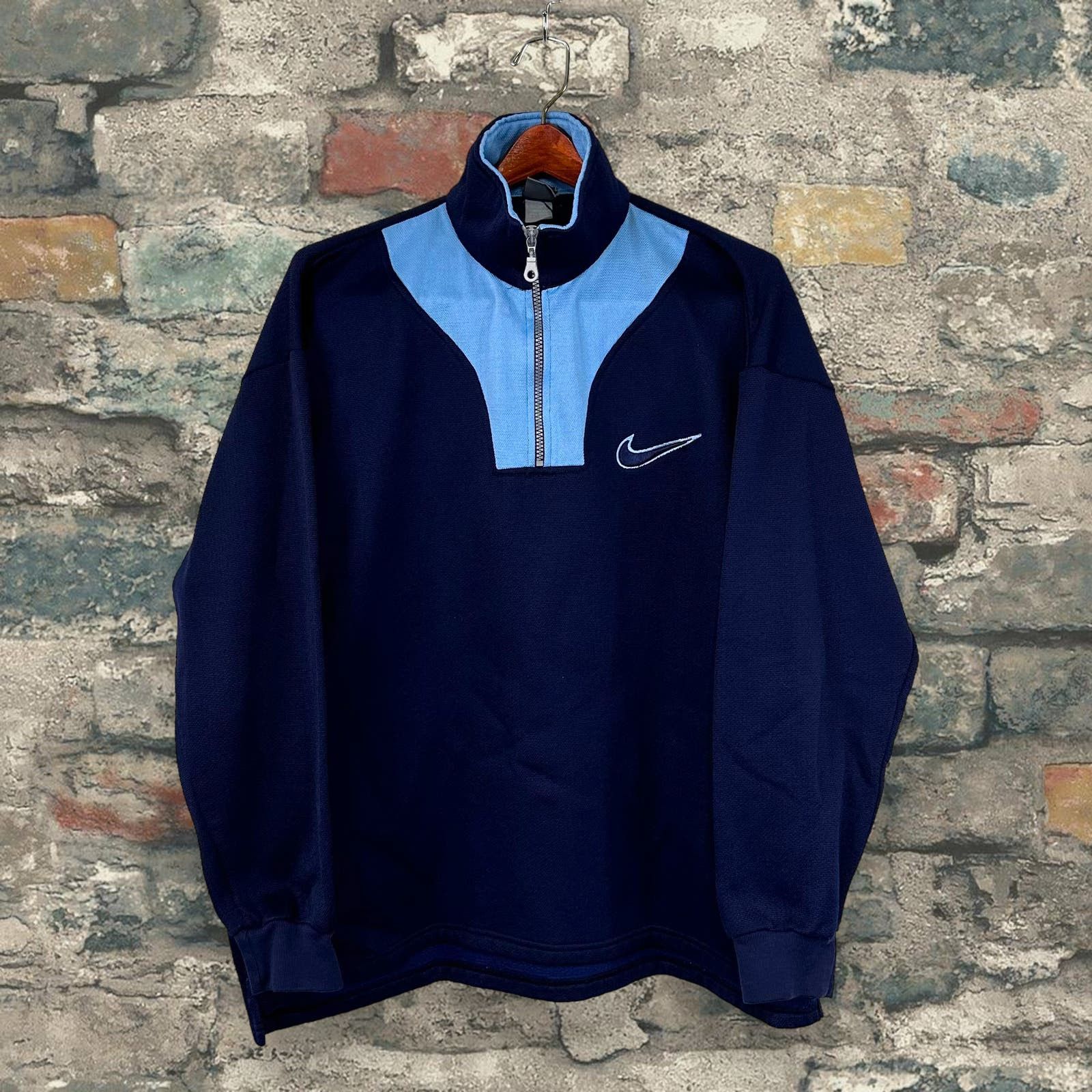 image of Vintage Nike Jacket Navy Blue Light Blue Cotton Made Usa 90S, Men's (Size XL)