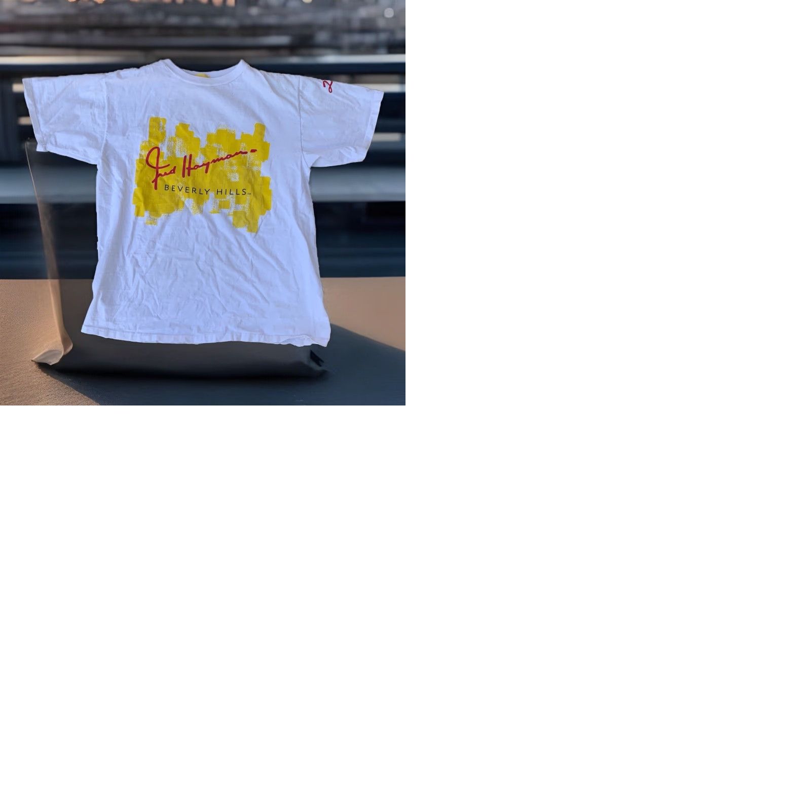 FRED VINTAGE Fred Hayman Beverly Hills T-Shirt One Size White 80s California Graphic Print Single Stitch Mens Womens Unisex Adults Size US M / EU 48-50 / 2 - 12 Thumbnail