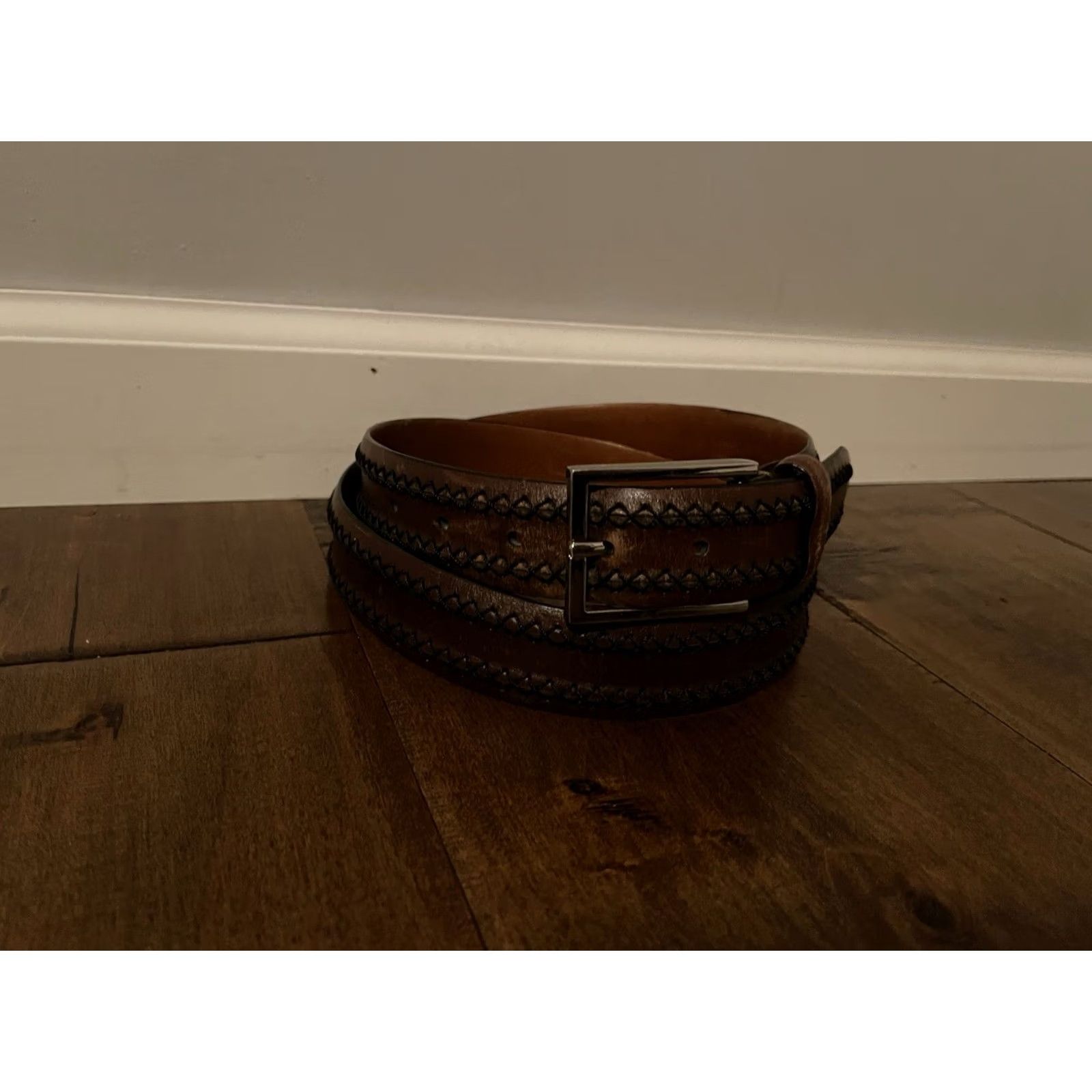Johnston & Murphy Johnston & Murphy Belt Mens 40 Brown Genuine Italian Calfskin Leather Stitched Men Size 40 - 2 Thumbnail