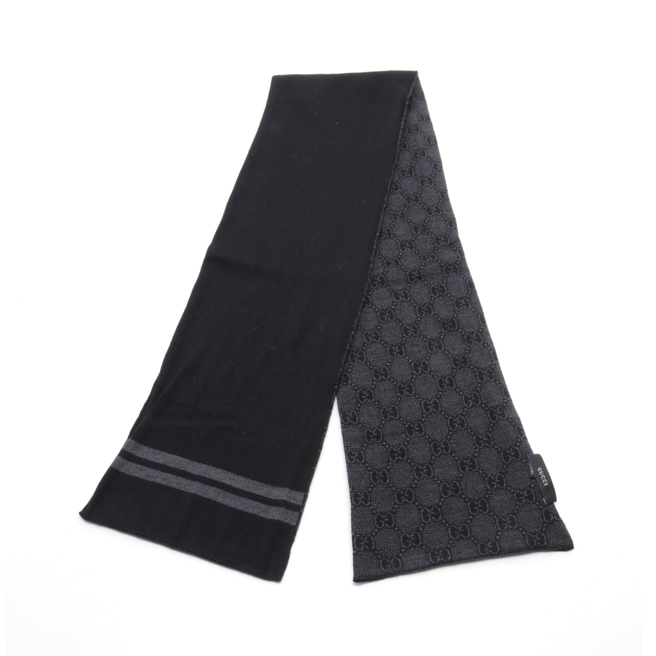 Gucci Gucci Gg Pattern Scarf Wool Black Gray Size ONE SIZE - 1 Thumbnail
