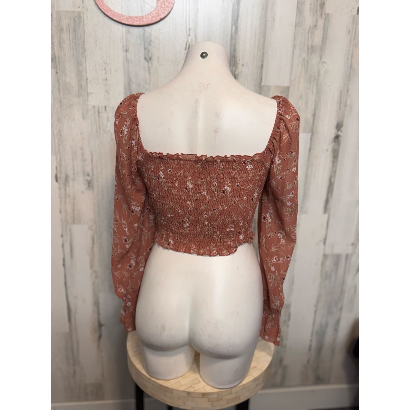 Other Papermoon Floral Long Sleeve Crop Top | Rust Smocked Ruched Size S / US 4 / IT 40 - 3 Thumbnail