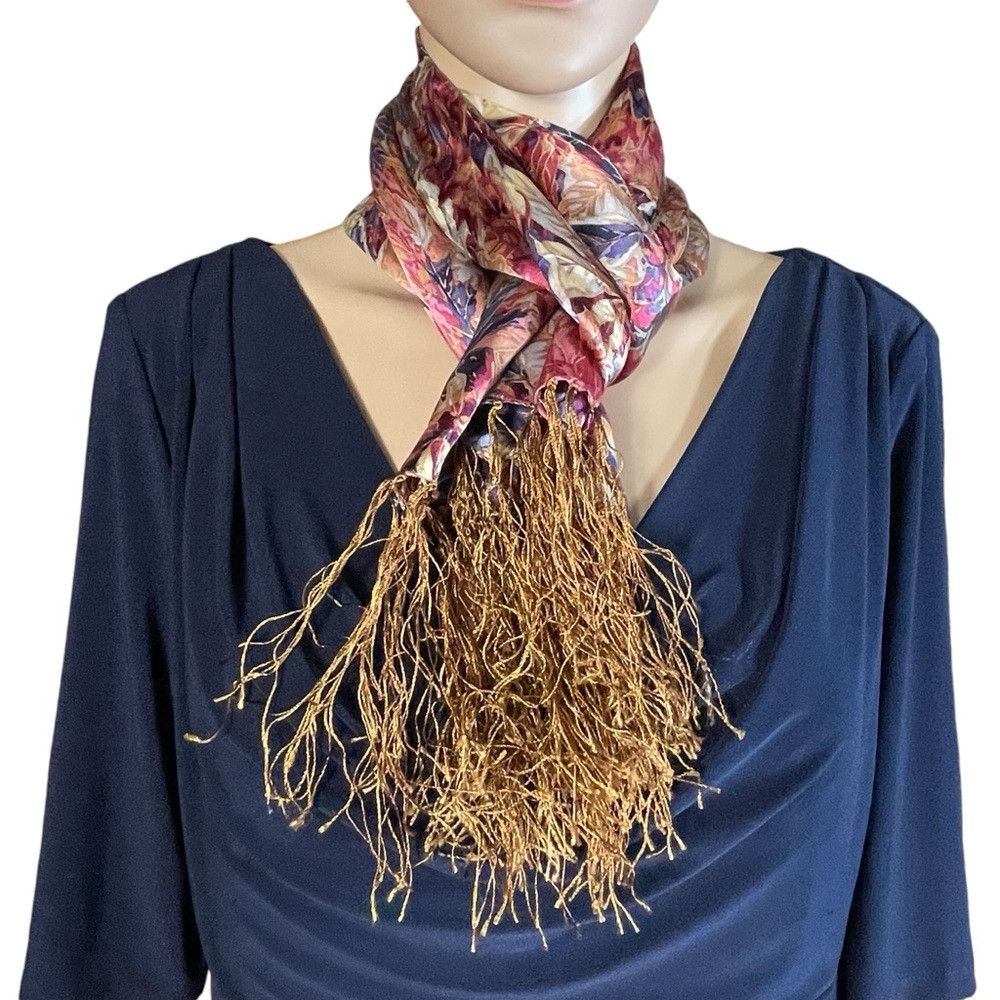 Other Silk Leaves Print Scarf With Tassel 10 x 26 Size ONE SIZE - 3 Thumbnail