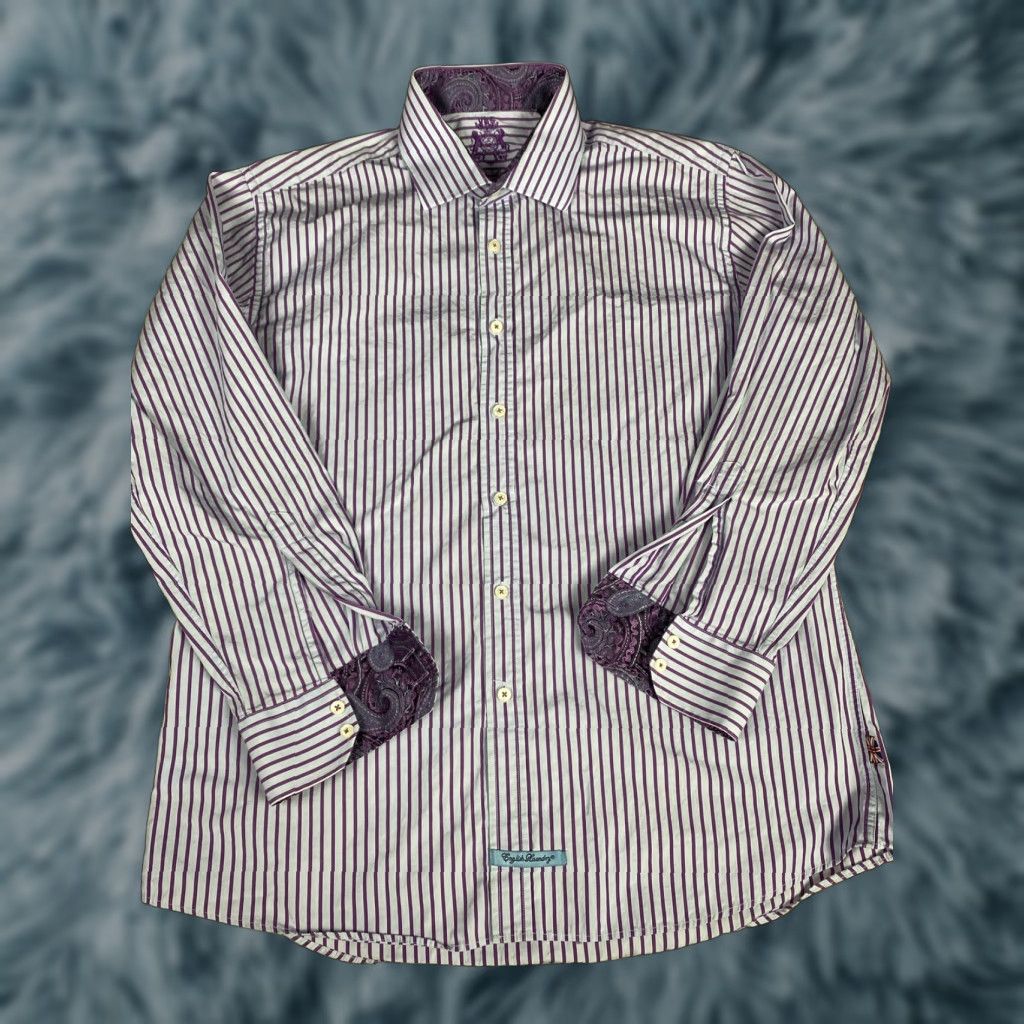 English Laundry English Laundry Dress Shirt Men 17 34/45 Cuff Long Sleeve Purple Blue Stripes Size 46R - 1 Thumbnail