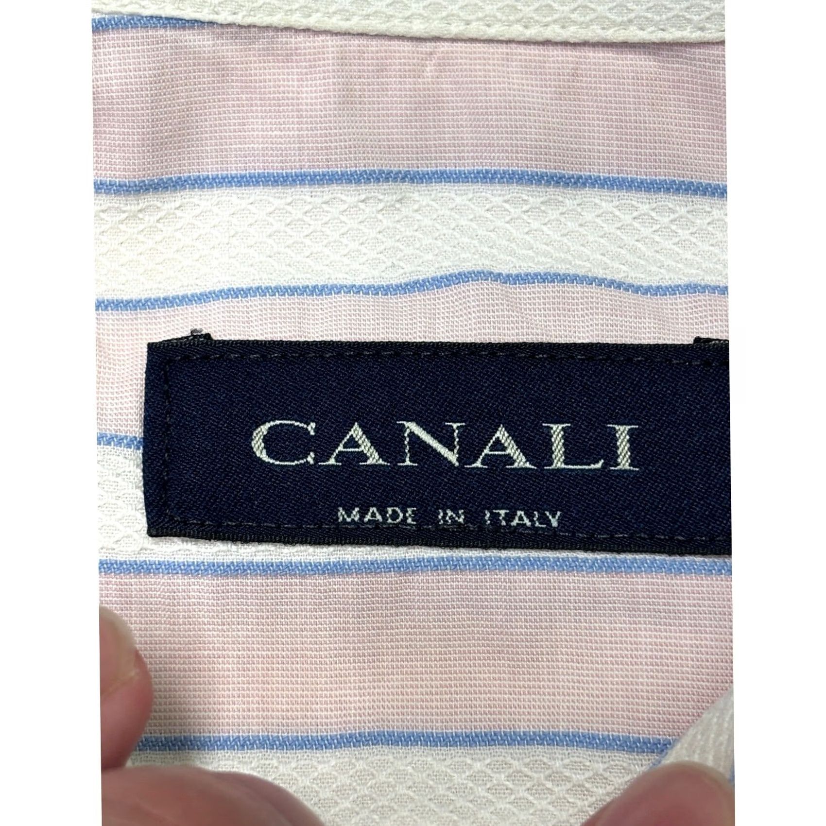 Canali CANALI Dress Shirt Men XL 41 Pink Blue White Striped 100% Cotton Made in Italy Long Sleeve Button Shirt N/A Size 46R - 4 Thumbnail