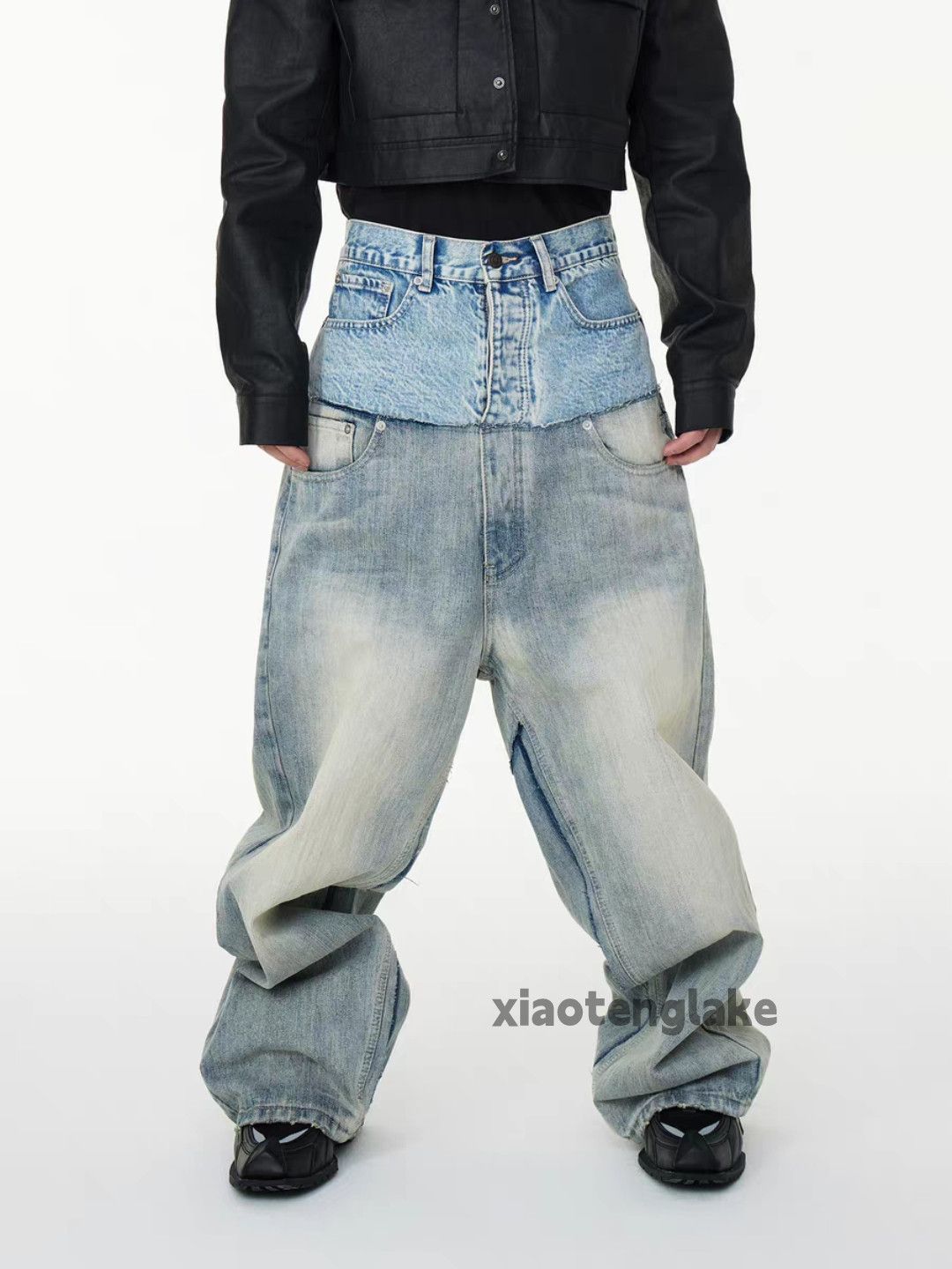 Jean Unisex washed faded double waist loose hiphop jeans Size US 32 / EU 48 - 5 Thumbnail