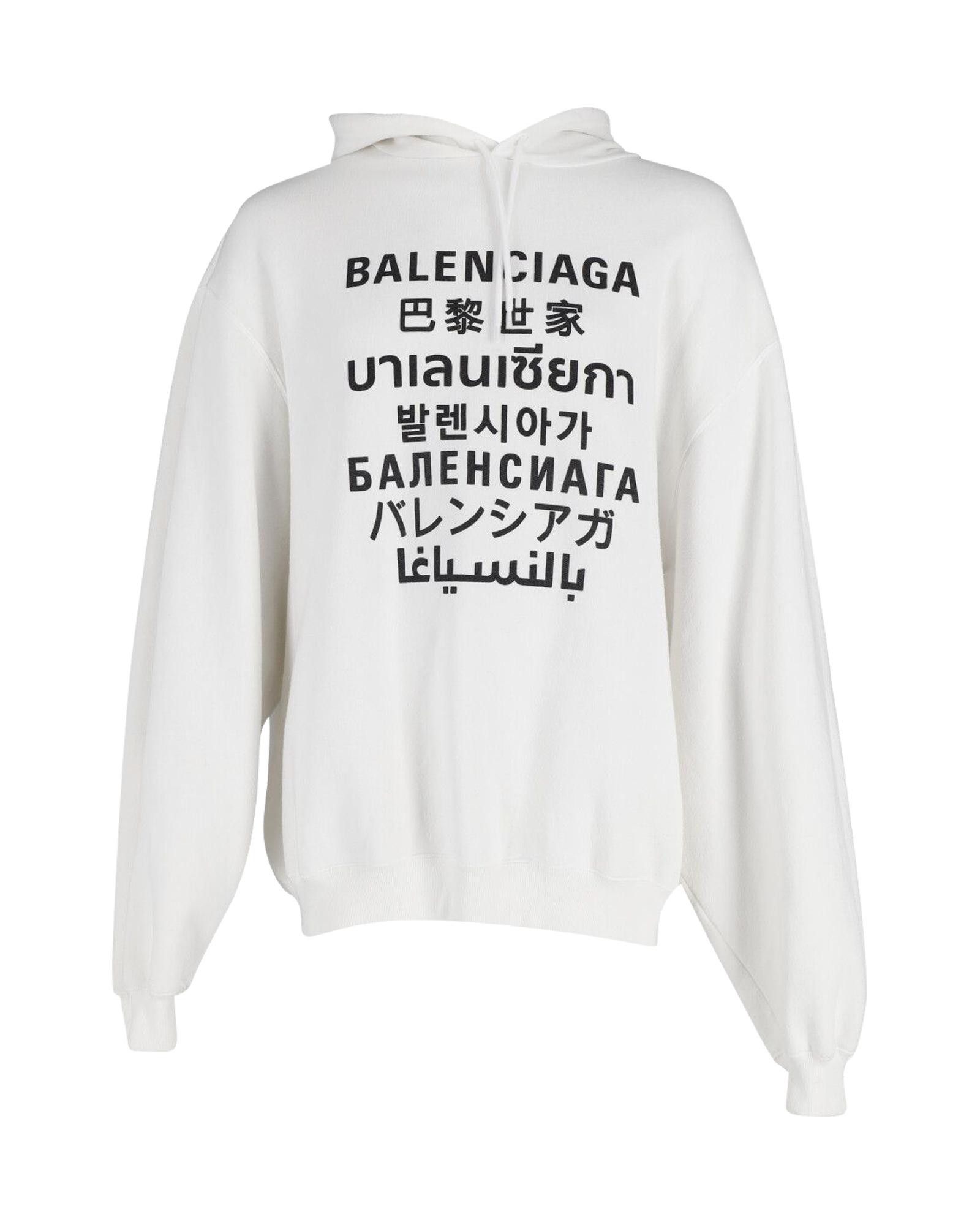 image of Balenciaga Languages Sports Logo Hoodie In White Cotton in White Print, Men's (Size Medium)