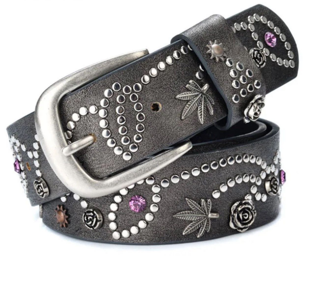 image of Flowers Punk Rivet Pu Leather Belt in Dark Gray, Men's