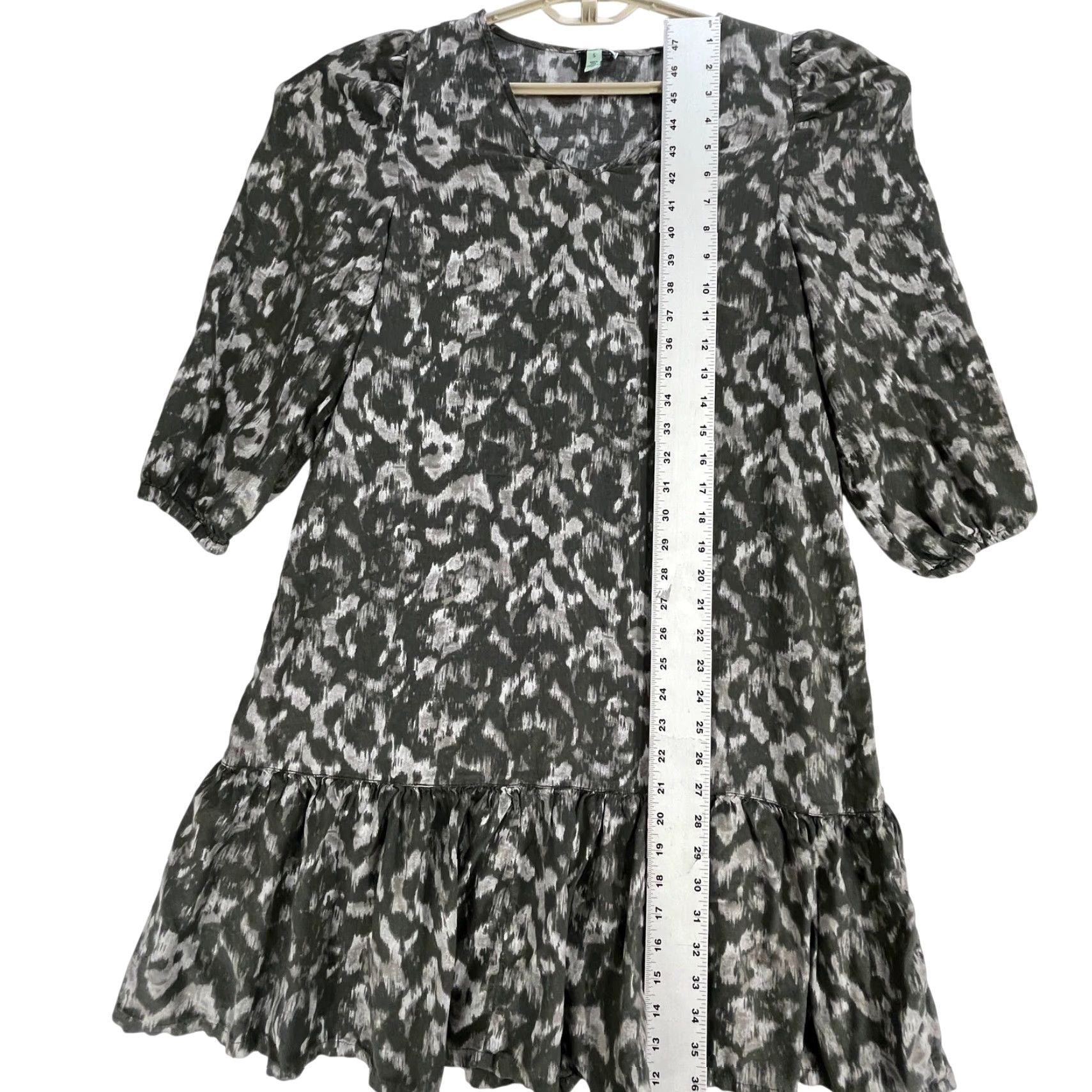 Vintage Susina Dress S Gray Puff Sleeve Lightweight Peplum Ruffled Hem Office A-Line Long Sleeve Knee Length Bohemian Geometric Women Mens? Size S / US 4 / IT 40 - 6 Thumbnail
