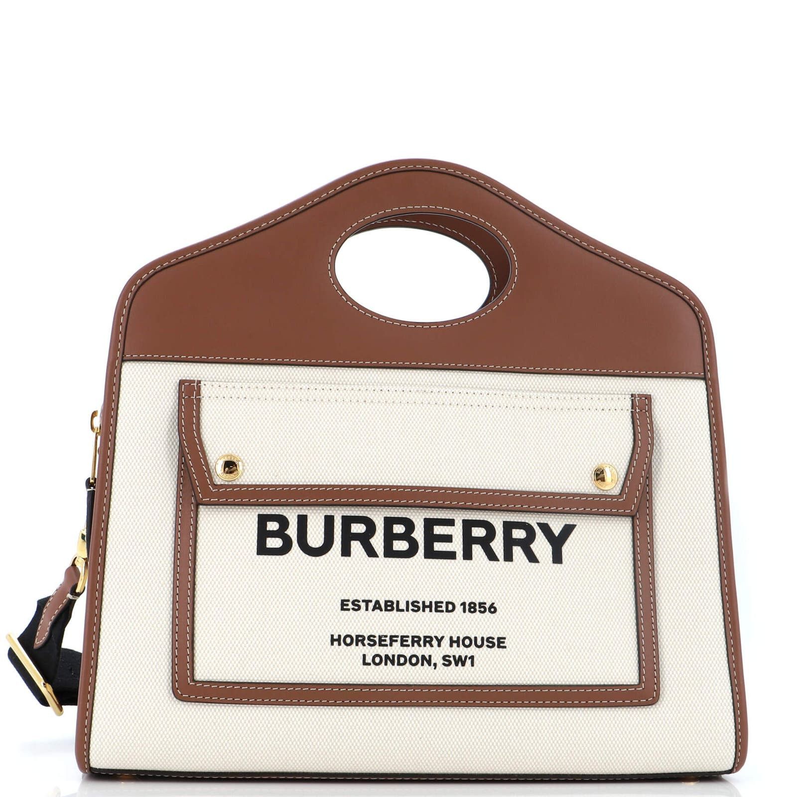 image of Burberry Logo Pocket Tote Canvas With Leather Small in Brown, Women's