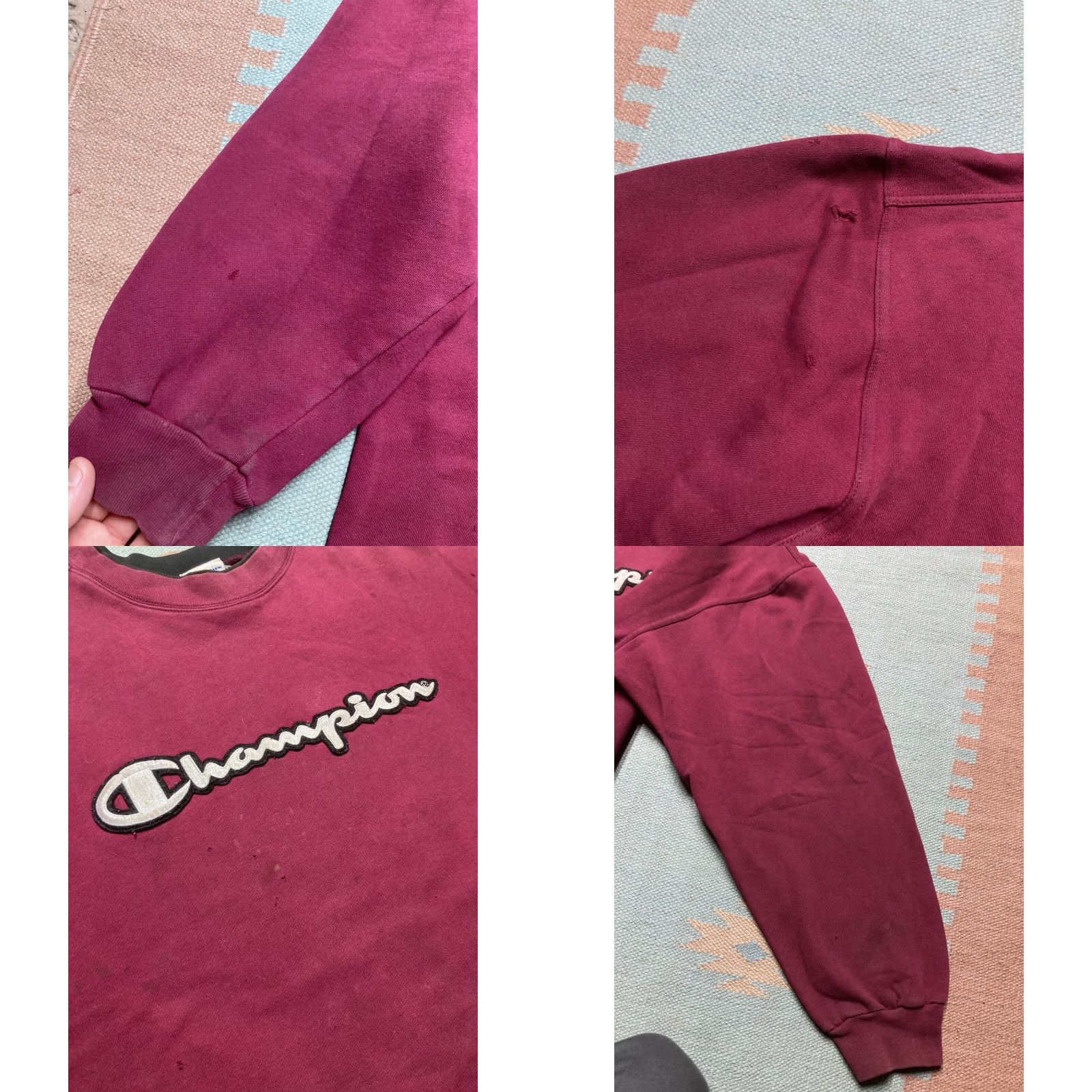 Champion VINTAGE Champion Embroidered Patch Logo Sweatshirt Crewneck Maroon Red XL Mens Adult Sweatshirt Pullover Distressed Size US XL / EU 56 / 4 - 8 Thumbnail