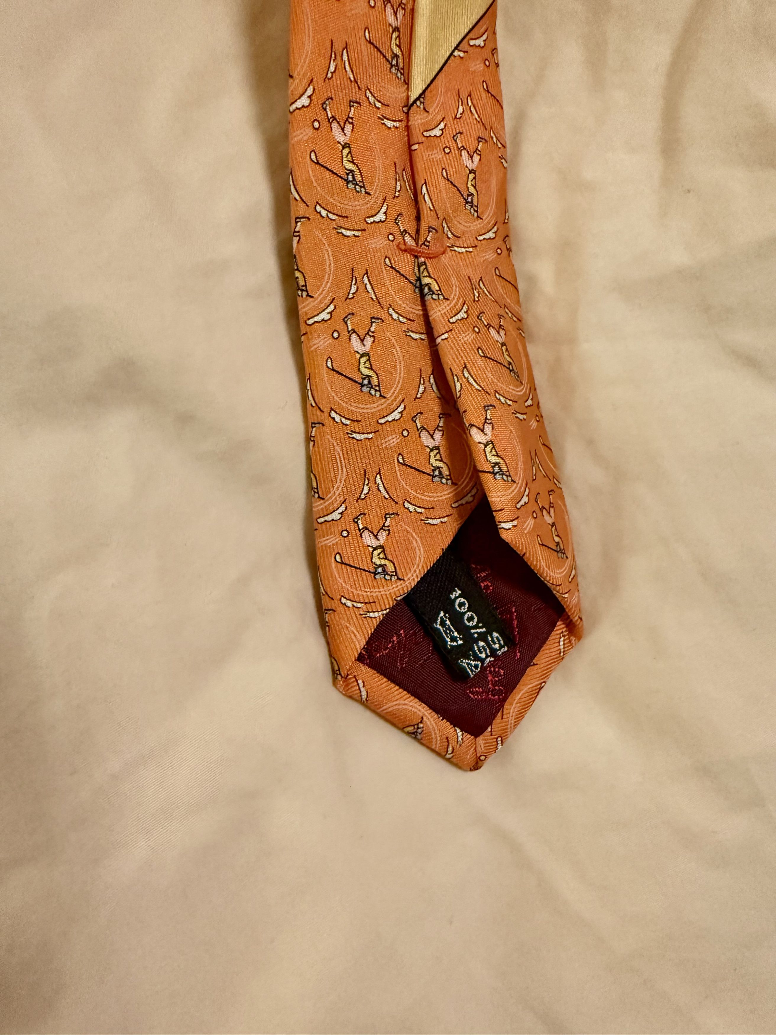 Hermes Ferragamo Golfers Silk Tie Orange Novelty Print Size ONE SIZE - 7 Thumbnail