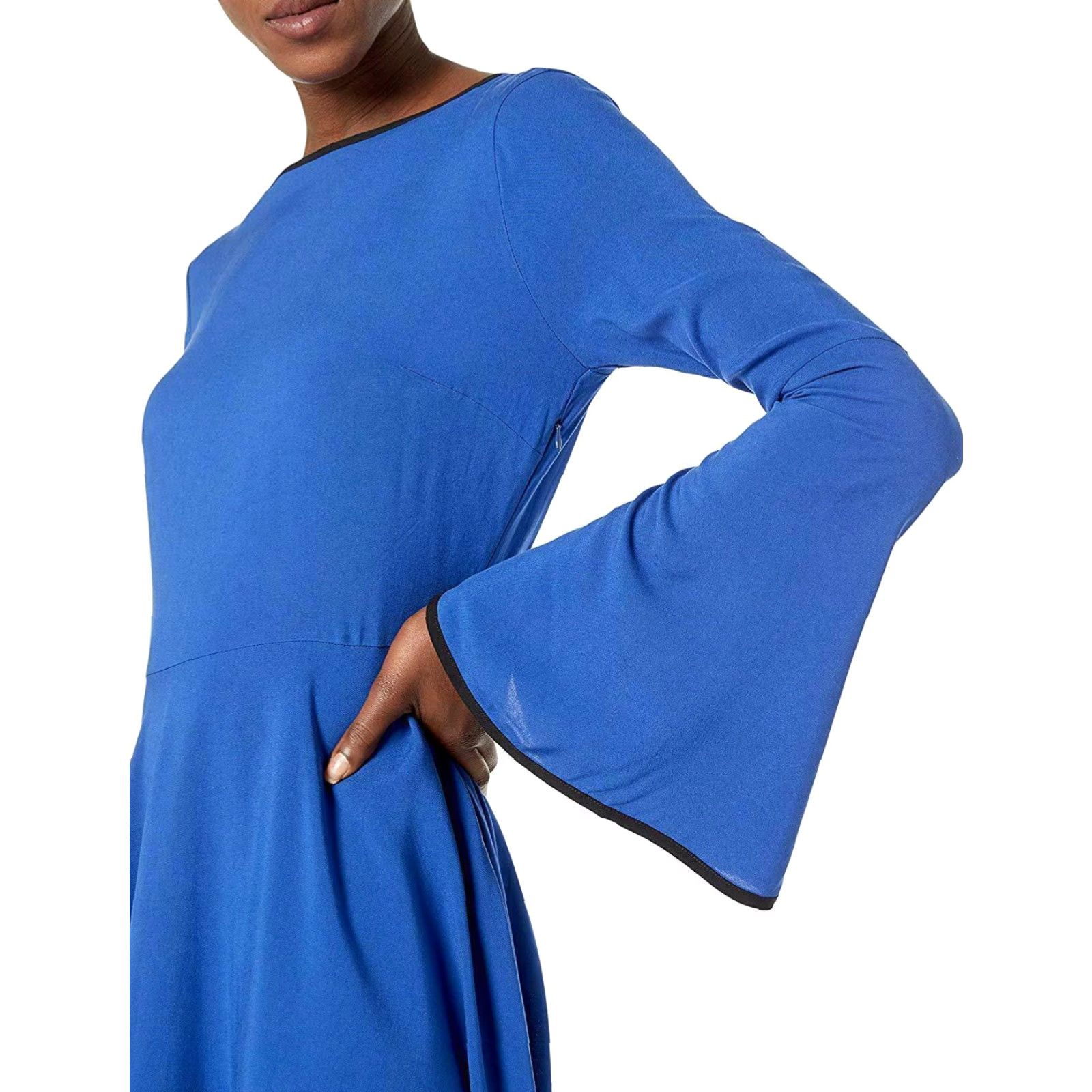 Vintage James & Erin Piped Knit Flare Dress Women's Medium Blue Midi Long Sleeve Tie Closure Flared Sleeves Party/Cocktail Size M / US 6-8 / IT 42-44 - 2 Thumbnail