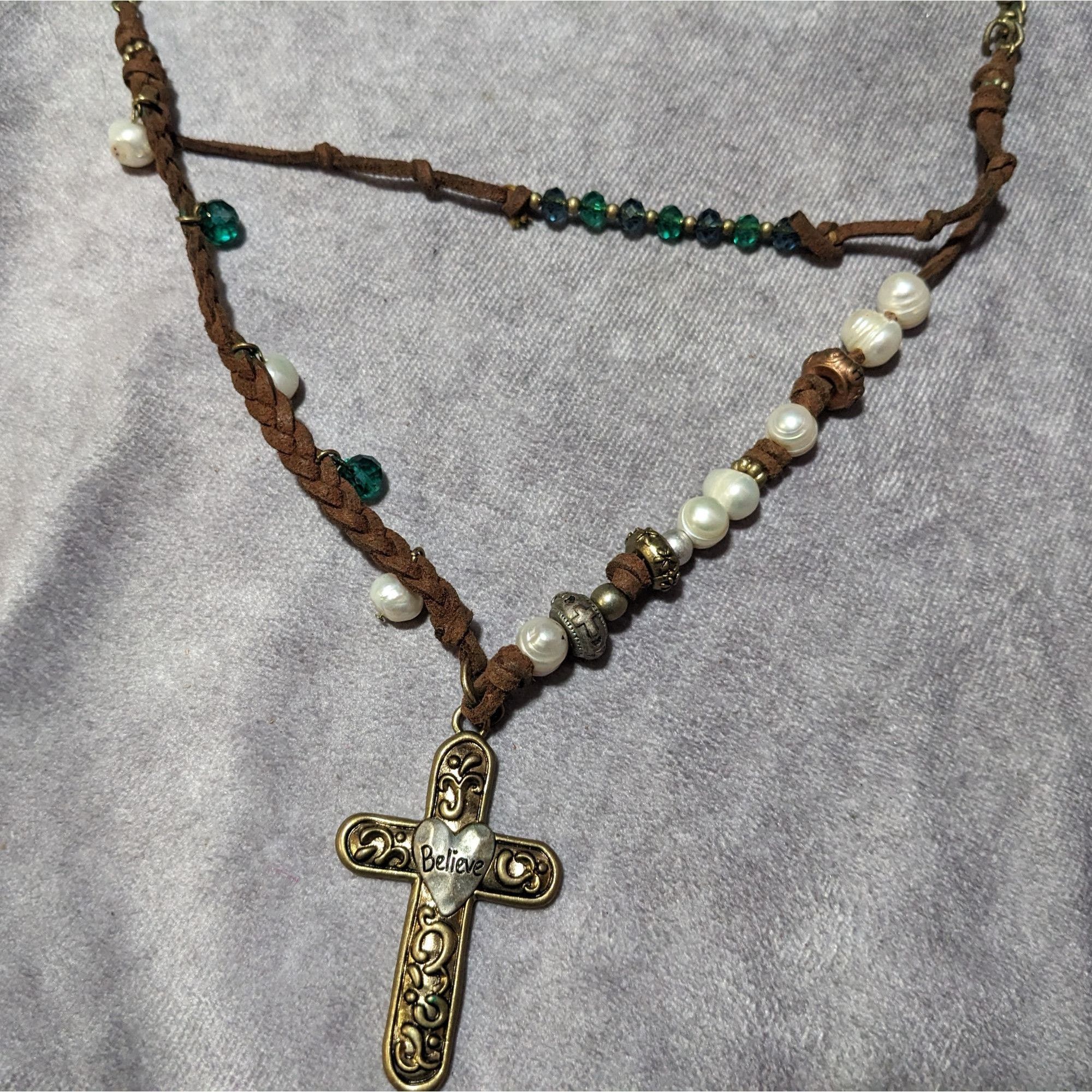 Other Rustic Suede Pearl Beaded Embossed Cross Pendant Necklace Size ONE SIZE - 8 Thumbnail