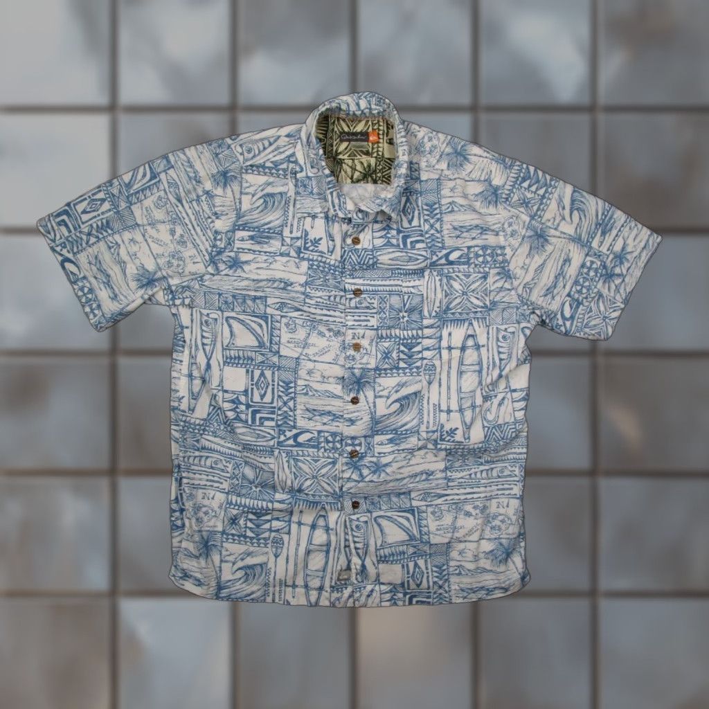 Quiksilver Quiksilver Shirt Mens L Blue Button-Up Hawaiian Sandwhich Isles Tiki Cotton Nautical Geometric Short Sleeve Size US L / EU 52-54 / 3 - 1 Thumbnail