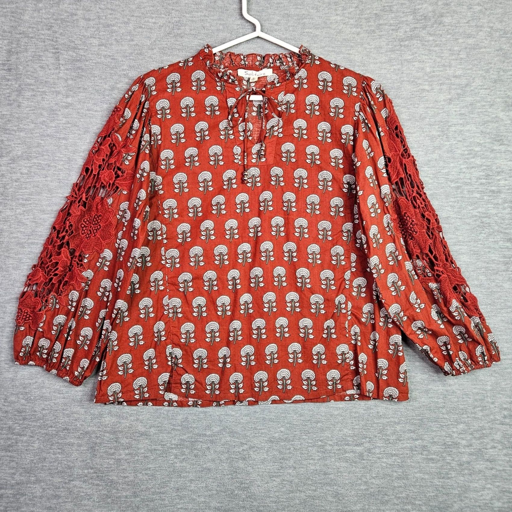 Rusty Solitare Blouse Women's Regular Size M Red Floral Lace Crochet Sleeve Knit Cotton Blend Shirt Size M / US 6-8 / IT 42-44 - 2 Thumbnail