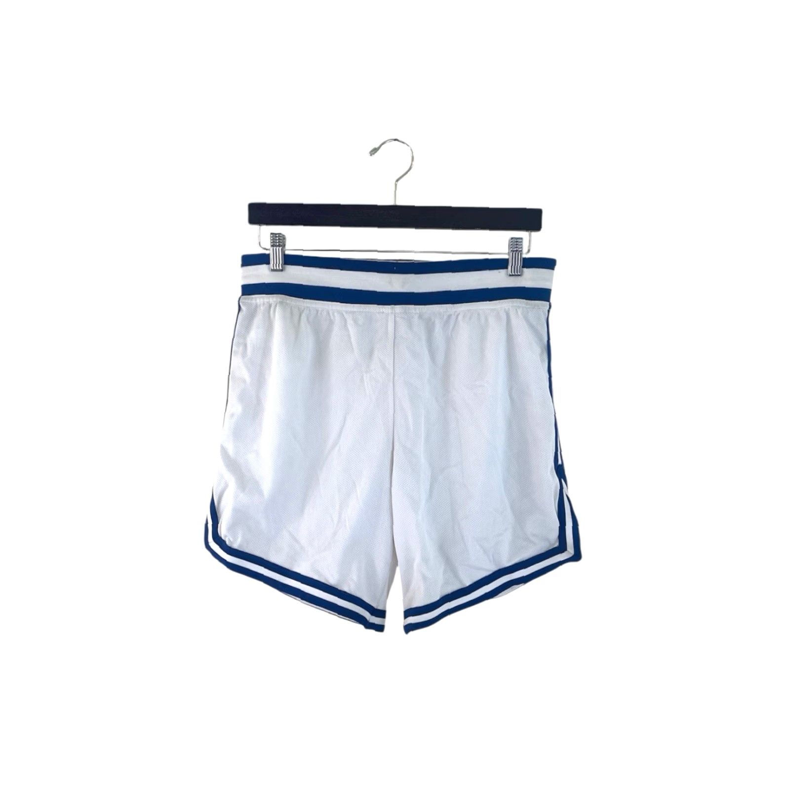 Vintage VINTAGE Betlin Nylon Basketball Shorts Mens Large Deadstock NWOT USA Made Athletic 90s White Navy Slim Side Slits 7” Inseam Drawstring Waist Size US 33 - 8 Thumbnail