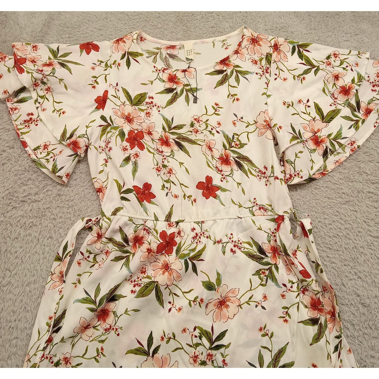 & Other Stories Flamingo Wrap Around Dress S Red Floral Flutter Sleeve Size S / US 4 / IT 40 - 3 Thumbnail