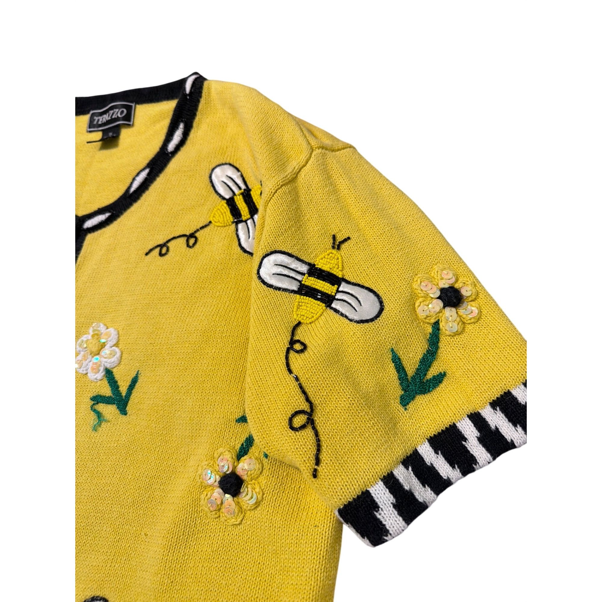 Other Vintage Terazzo Bee Yellow Black Cardigan Embroidered Beaded Size XL / US 12-14 / IT 48-50 - 4 Thumbnail